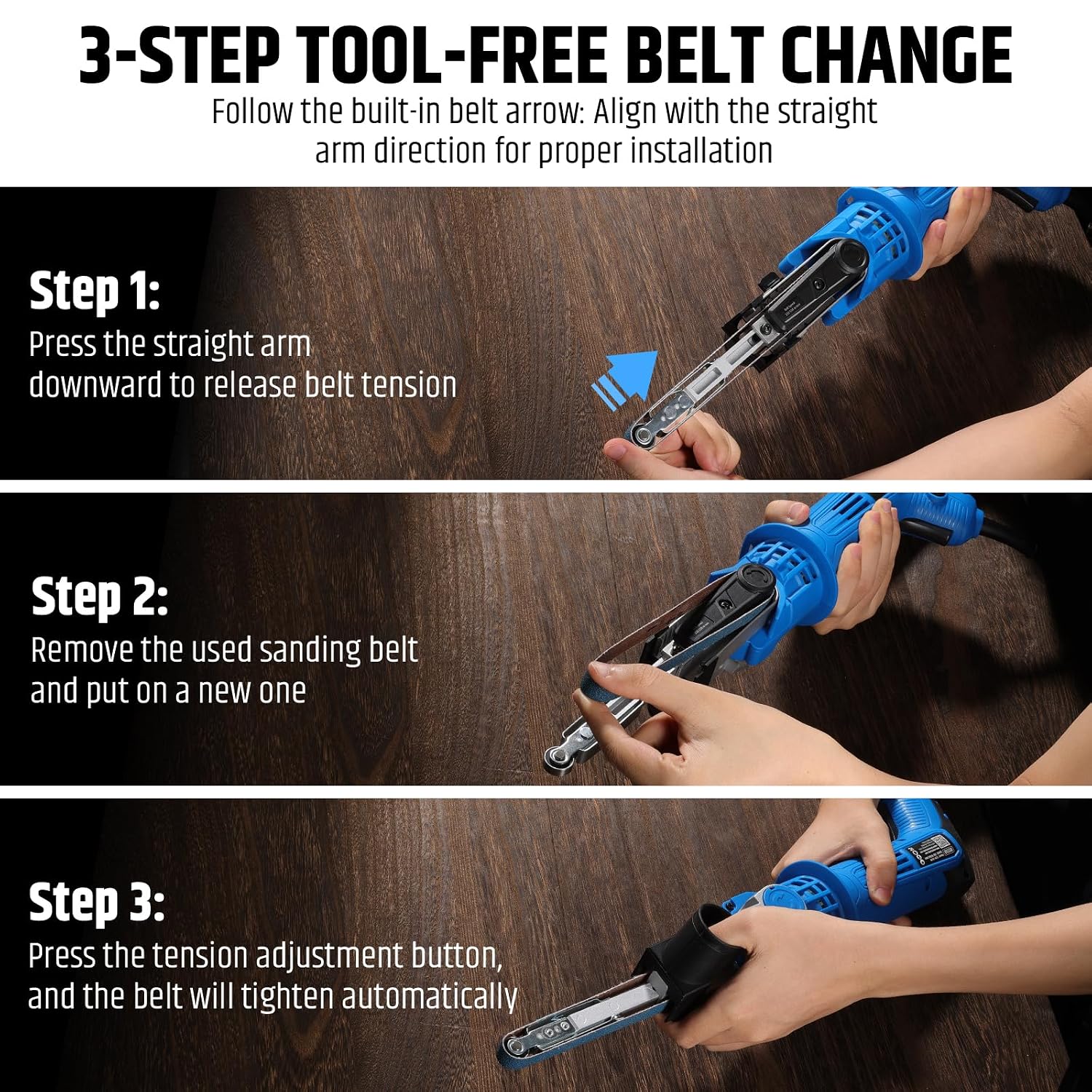 Variable Speed Detailing File Sander with 1/2" X 18" Belt, 2.3AMP, 1000-1800 ft/min 6 Speed, 0-60° Adjustable, Tool-Free Belt Change, Lightweight