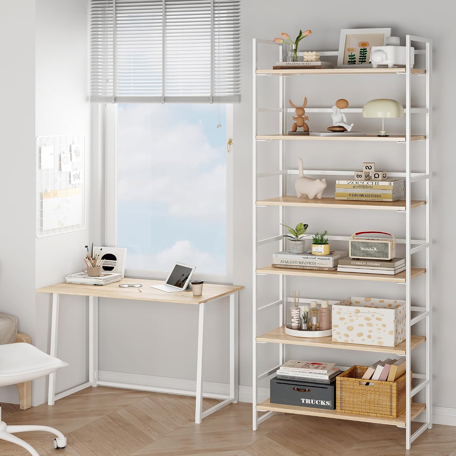 Vintage Multifunctional Folding Bookshelf, No-Assembly Plant Stand Storage Rack Shelves for Home Office (Fire, 5-Tier)