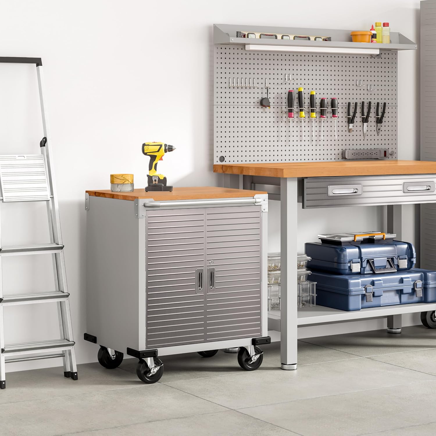 Seville Classics UltraHD Heavy Duty Rolling Cabinet Workbench Table w/Solid Wood Top, Workstation for Garage, Office, Workshop, Granite, 6-Drawer (28" W x 18" D