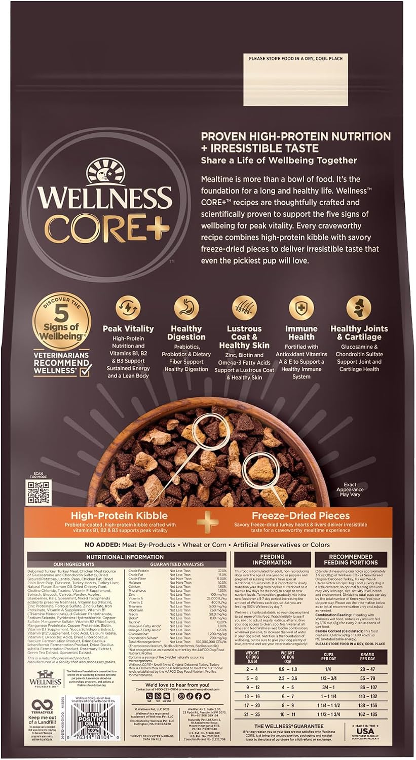 Wellness CORE+ Small Breed Adult Dry Dog Food with Freeze Dried Pieces, Wholesome Grain Kibble+, Natural, High Protein, Turkey and Chicken Recipe, 4 lb Bag