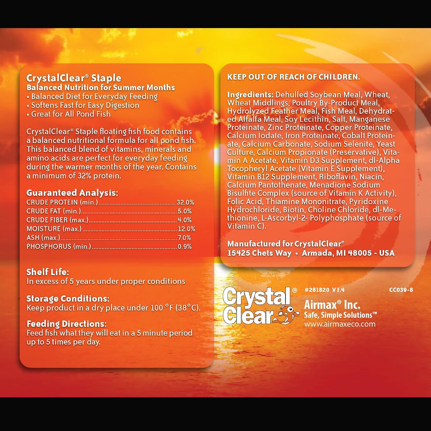 CrystalClear Staple Pond Fish Food for Koi & Goldfish, 8.8 Pound Bucket | Protein packed floating pellets for summer nutrition with easy digestion to support healthy growth and vitality