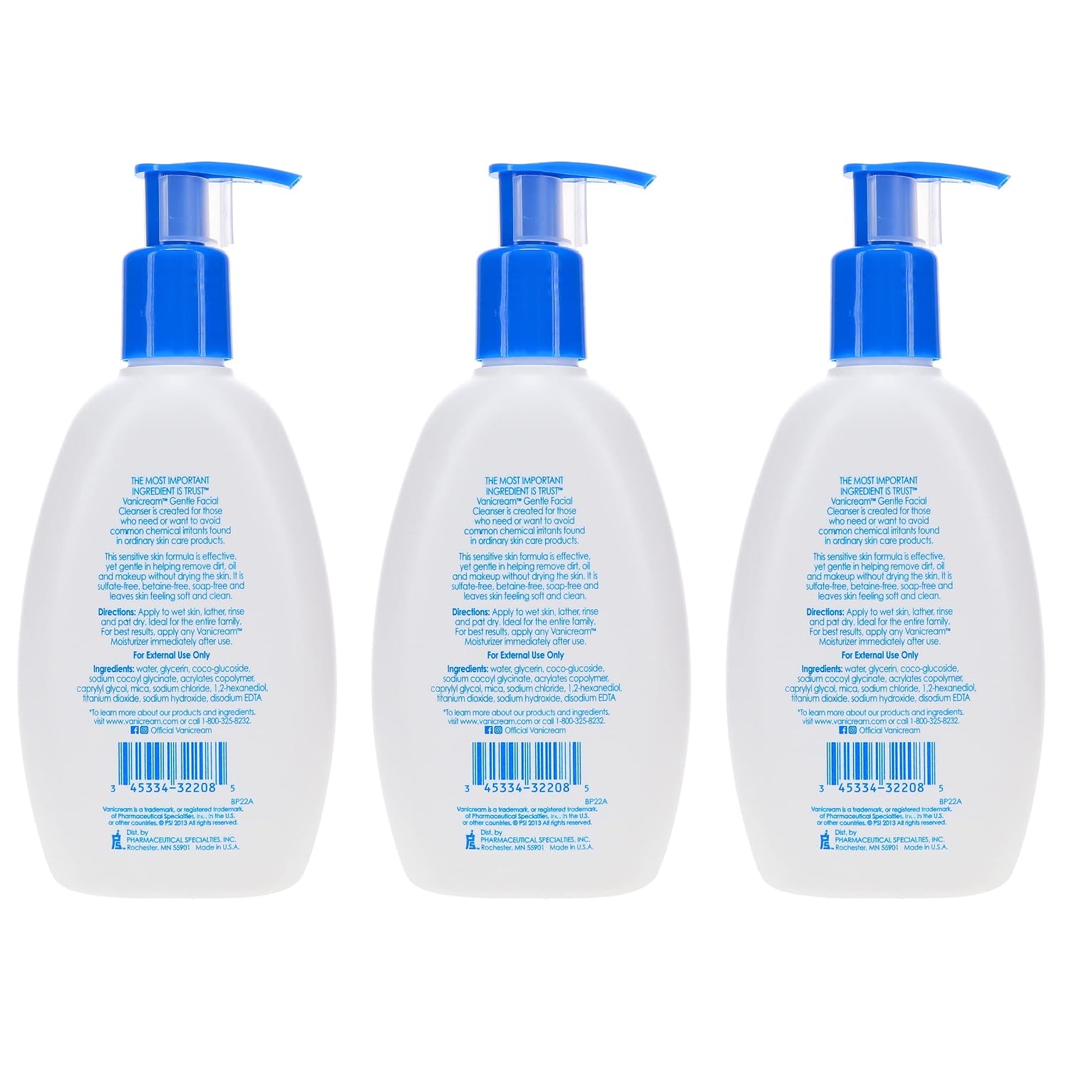 Vanicream Gentle Facial Cleanser for Sensitive Skin, 8 Oz (Pack of 3), Unscented, 24 Fl Oz
