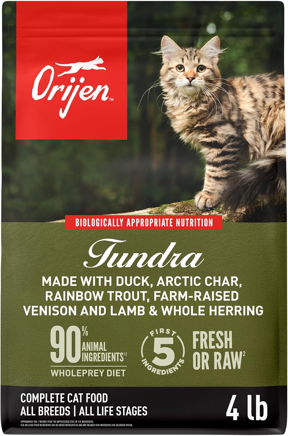 ORIJEN Grain Free WHOLEPREY Dry Cat Food Original Recipe 4lb. Bag | 90% Animal Ingredients, Freeze Dried, Fresh or Raw Ingredients, High Protein, Heart Health, Free-Run Poultry