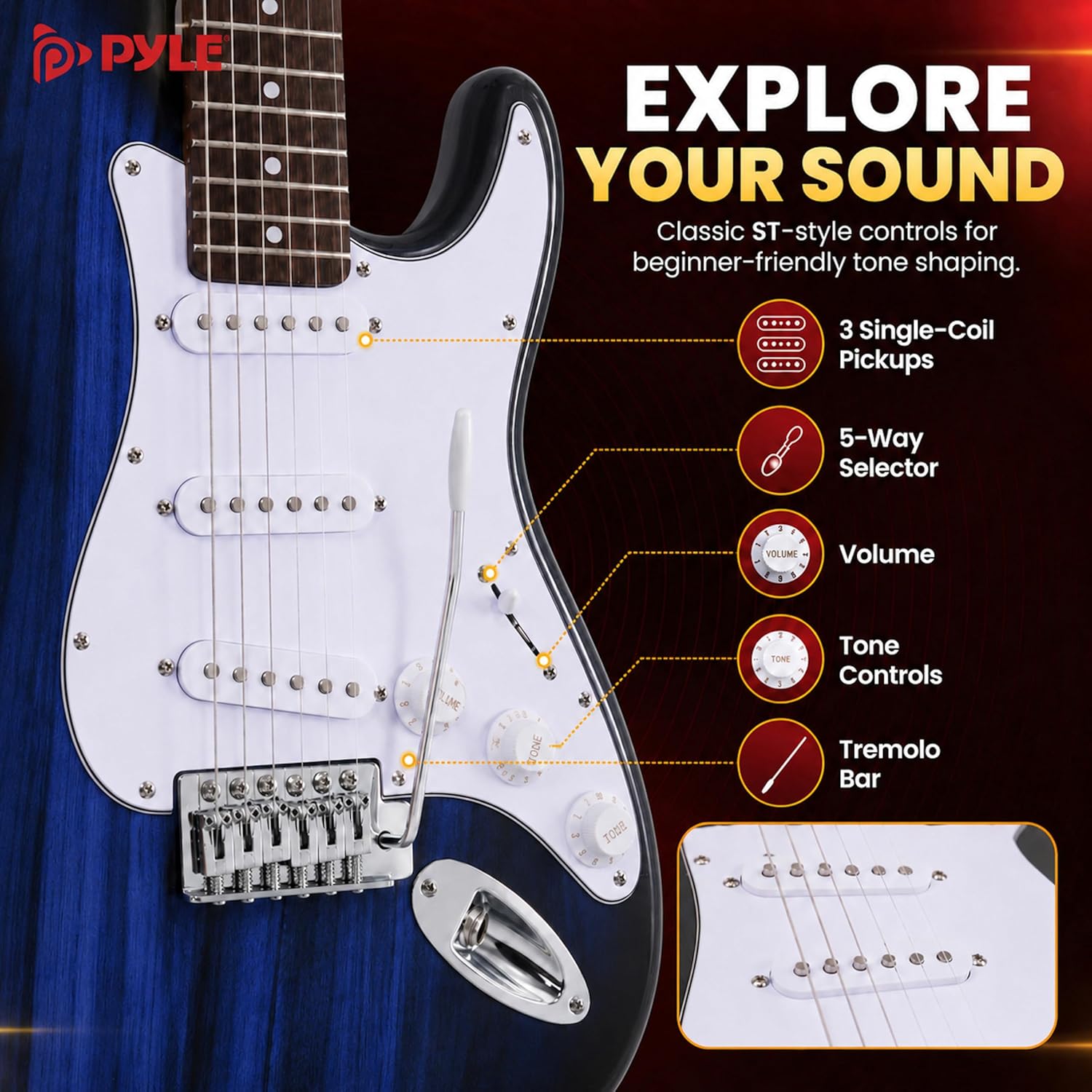 Pyle Electric Guitar and Amp Kit - Full Size 39" Complete Starter Kit with Wearable Bluetooth Amplifier, 1/4” Cable, Carry Case, Strap, Strings, Picks, Cleaning Cloth, ST-Style Pickups (Black)