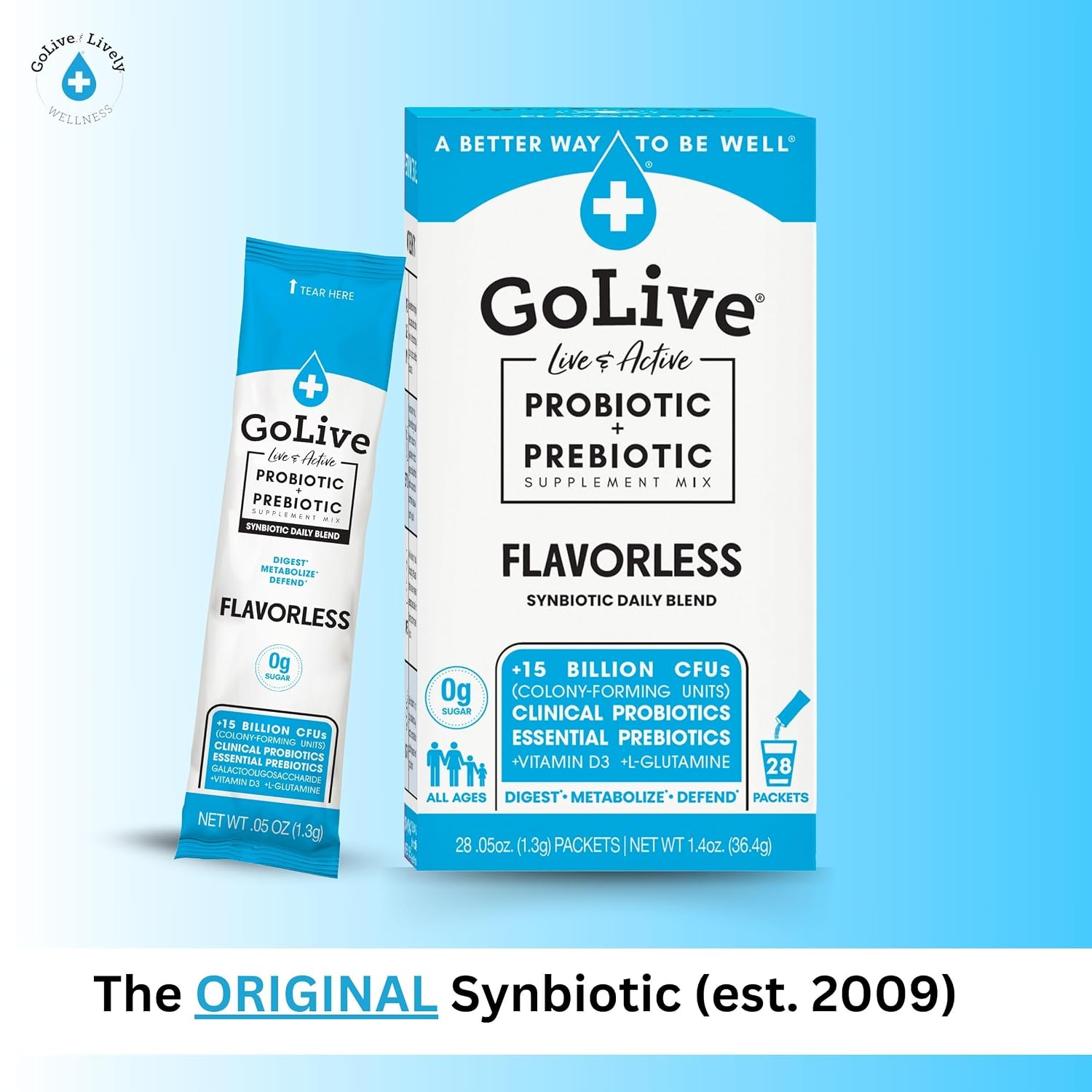 GoLive Prebiotic & Probiotic for Women, Men, Kids. Flavor-Free, Sugar-Free, Synbiotic Powder w/ GOS, L-Glutamine, Vitamin D3, Electrolytes. For Gut Health, Digestion, Metabolism, Immunity 15-50B CFUs. | Flavor-Free, Sugar-Free, All-Natural Ingredients, C…
