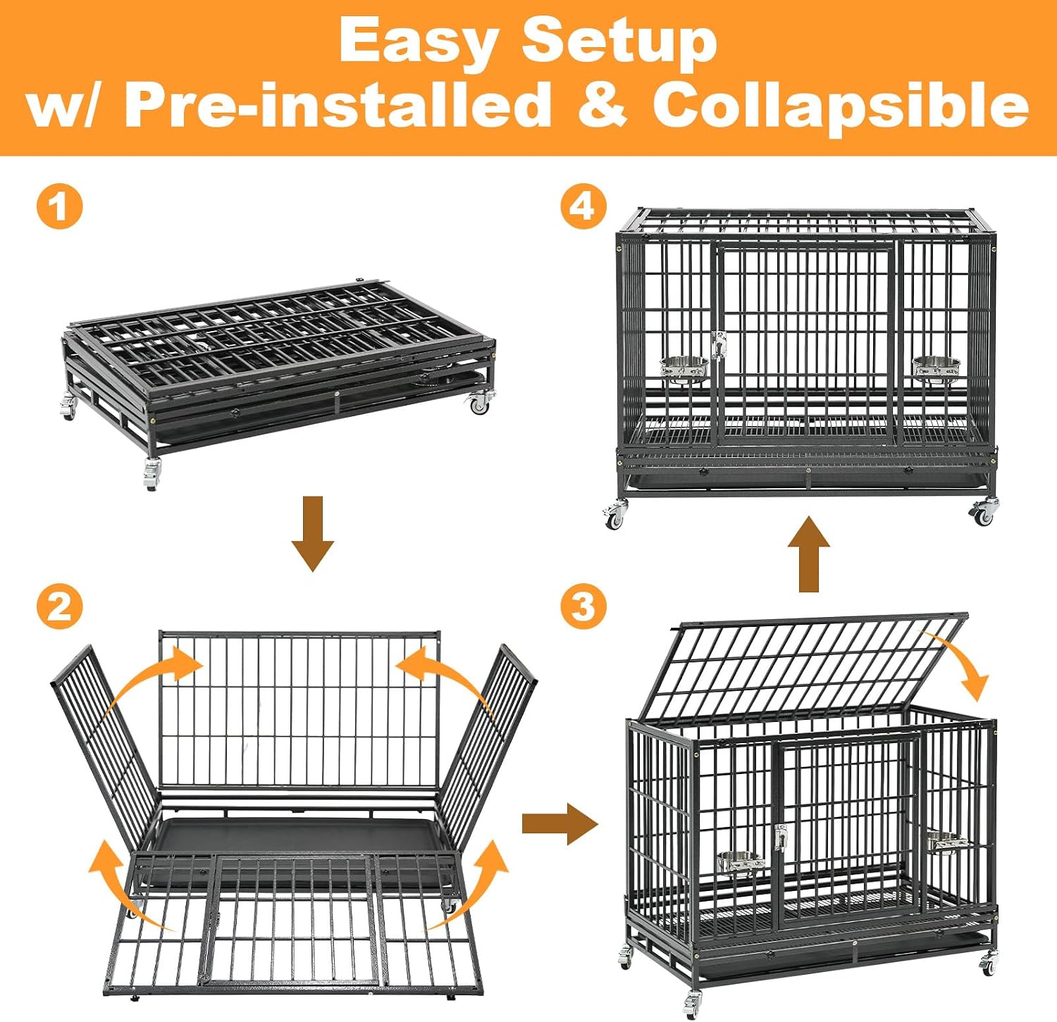 Homey Pet Three Tiers 43 inch Heavy Duty Dog Crate with Wheels, Dual Doors | Stackable Indestructible Steel Dog Cage Kennel Indoor with Divider, Trays, Bowls, Escape Proof Locks for Breeders and More