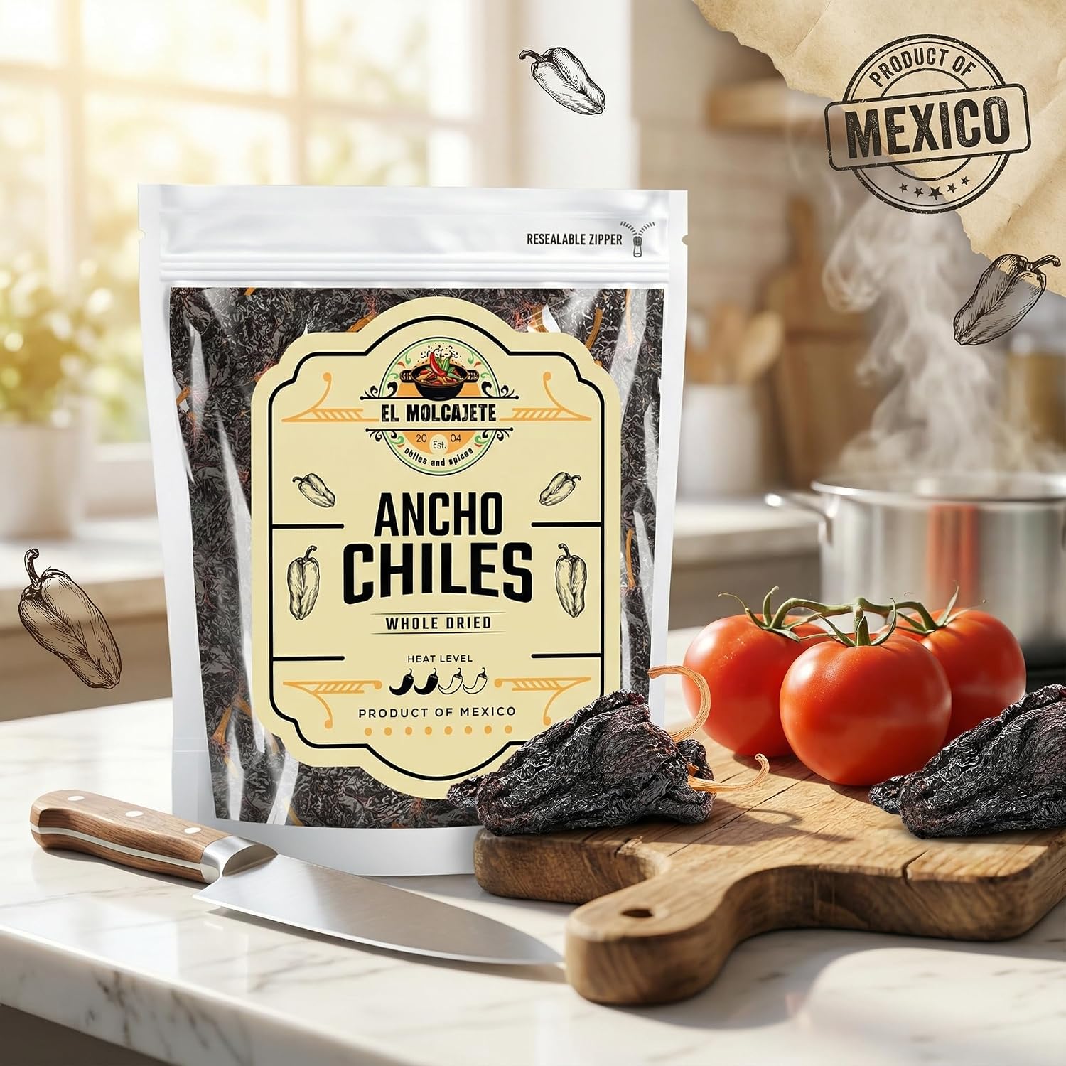 Dried Ancho Chiles 8oz Whole Mild Mexican Chili Peppers Mole Enchiladas | Sweet smoky dried poblano. Rehydrate for birria, tamales, salsa, sauces & stews. All natural. Resealable bag.
