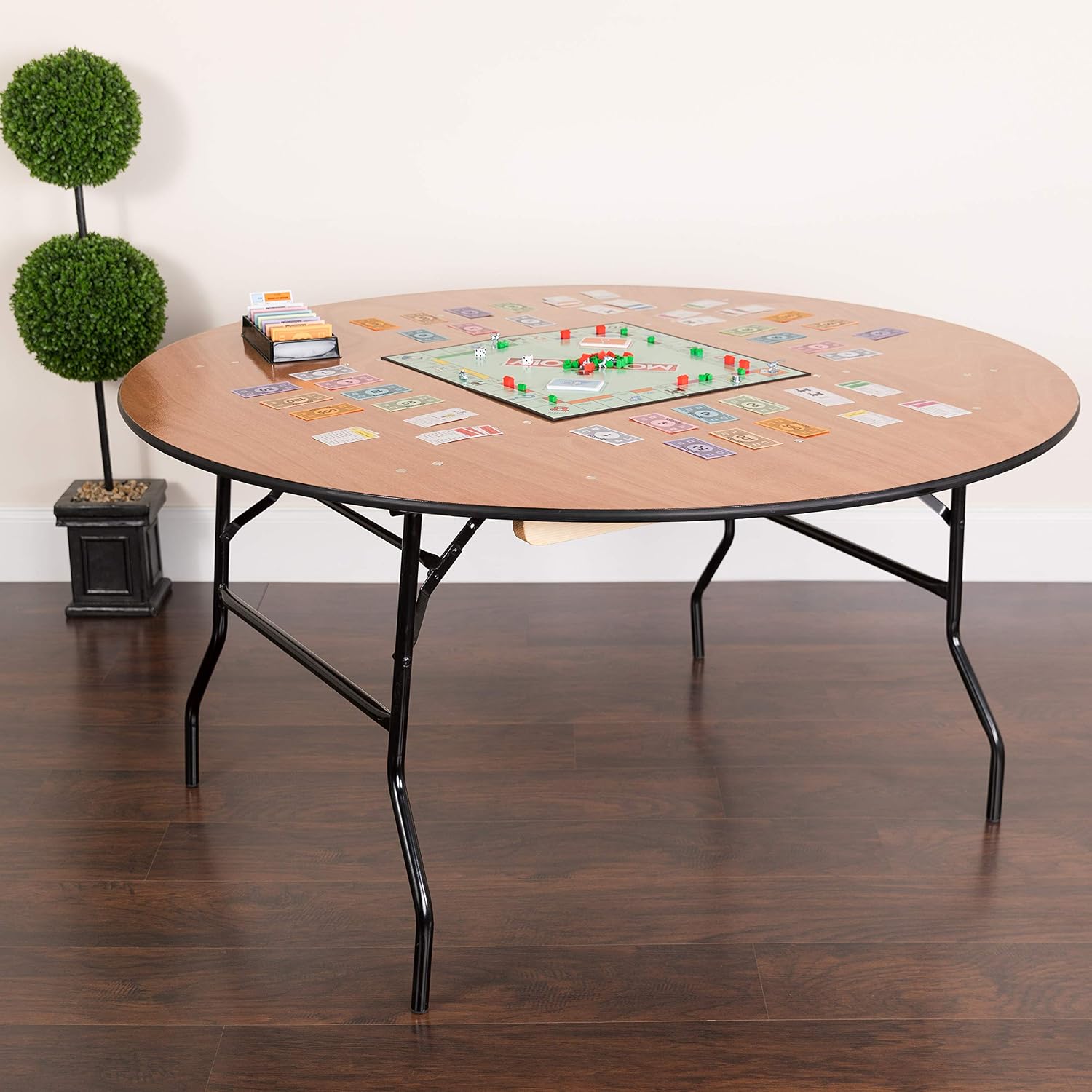 Flash Furniture 5' Round All-Occasion Wood Folding Event Table, Portable Folding Banquet Table with Wooden Top, Natural/Black