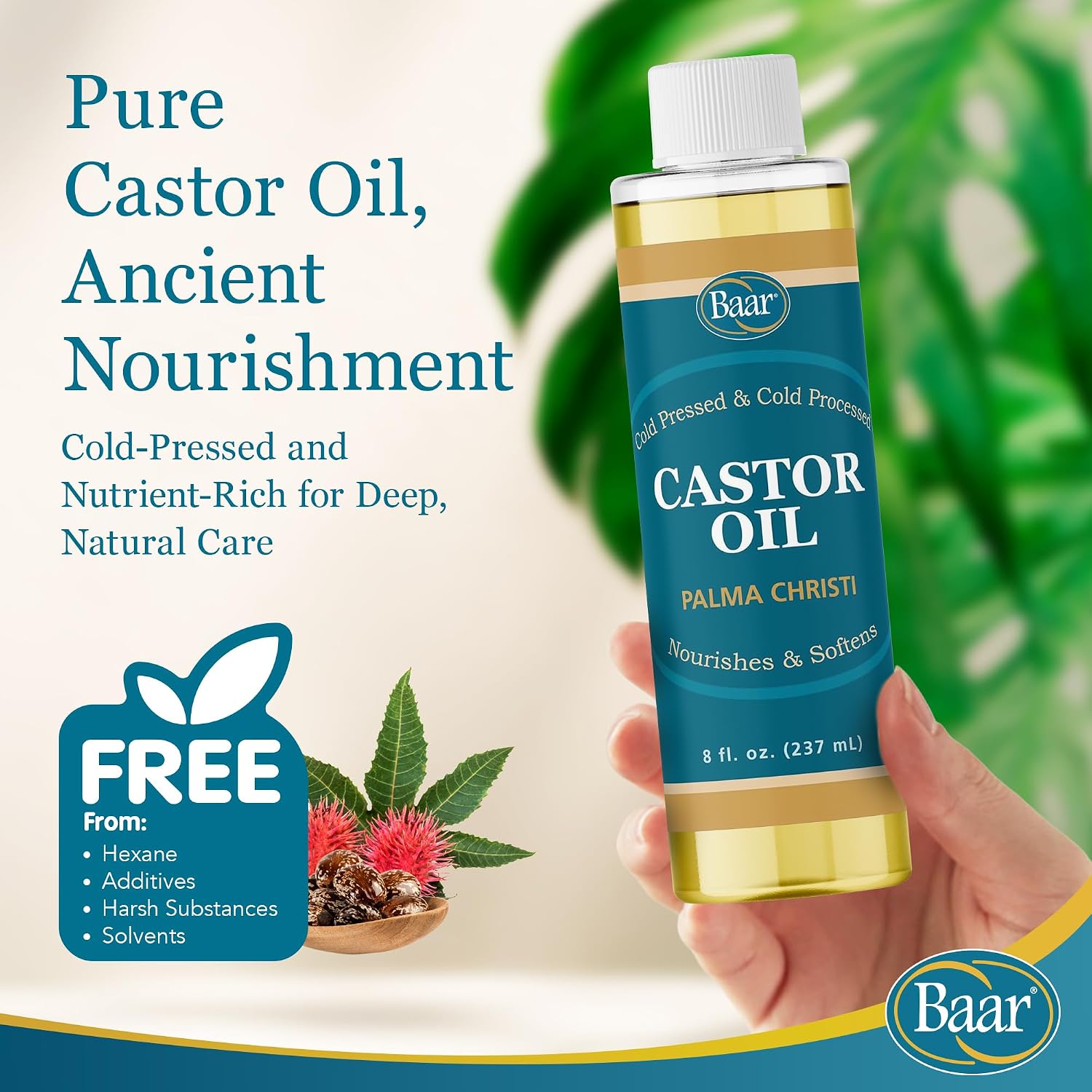 Baar Cold-Pressed Castor Oil, Cold-Processed, Hexane-Free, Palma Christi, for Skin, Hair, Massage & Castor Oil Packs, BPA-Free Bottle, 32 oz | Hexane free, Palma Christi oil, BPA-free bottle, skin, hair and massage applications