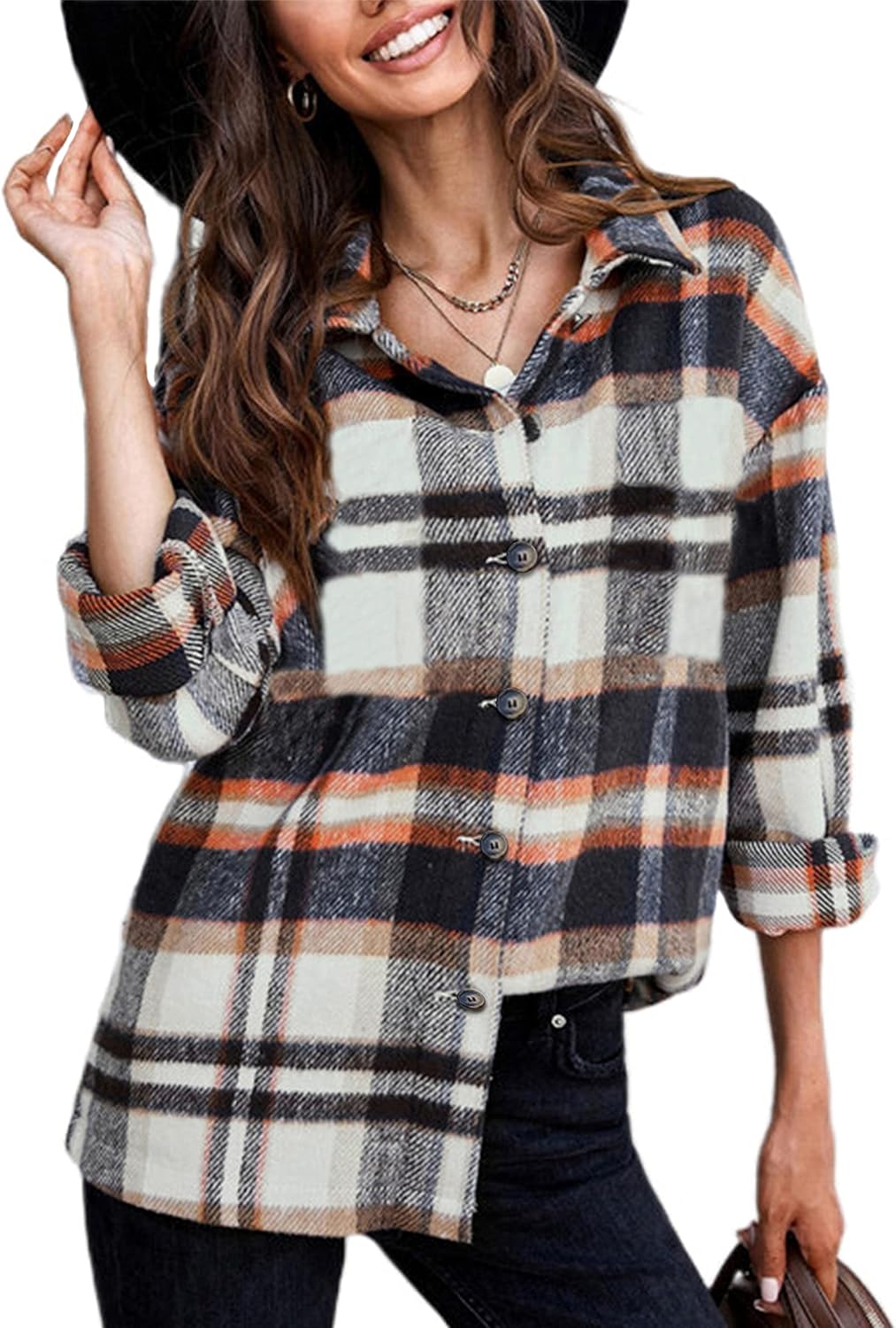 Yeokou Women's Plaid Flannel Shacket Oversized Button Down Long Sleeve Shirt Jacket Casual Spring Fall Outfits