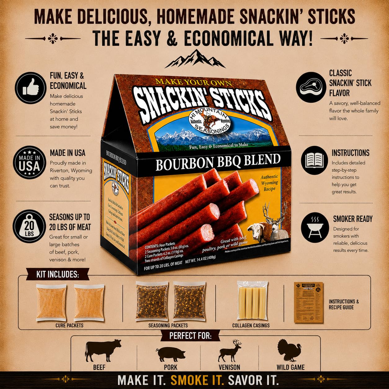 Hi Mountain Snack Stick Seasoning Kit | ORIGINAL | Makes 20 lbs | Complete Snack Stick Kit, Seasoning, Cure, Casings, & Directions Included, For Beef, Deer, Elk, Venison & Wild Game Meat
