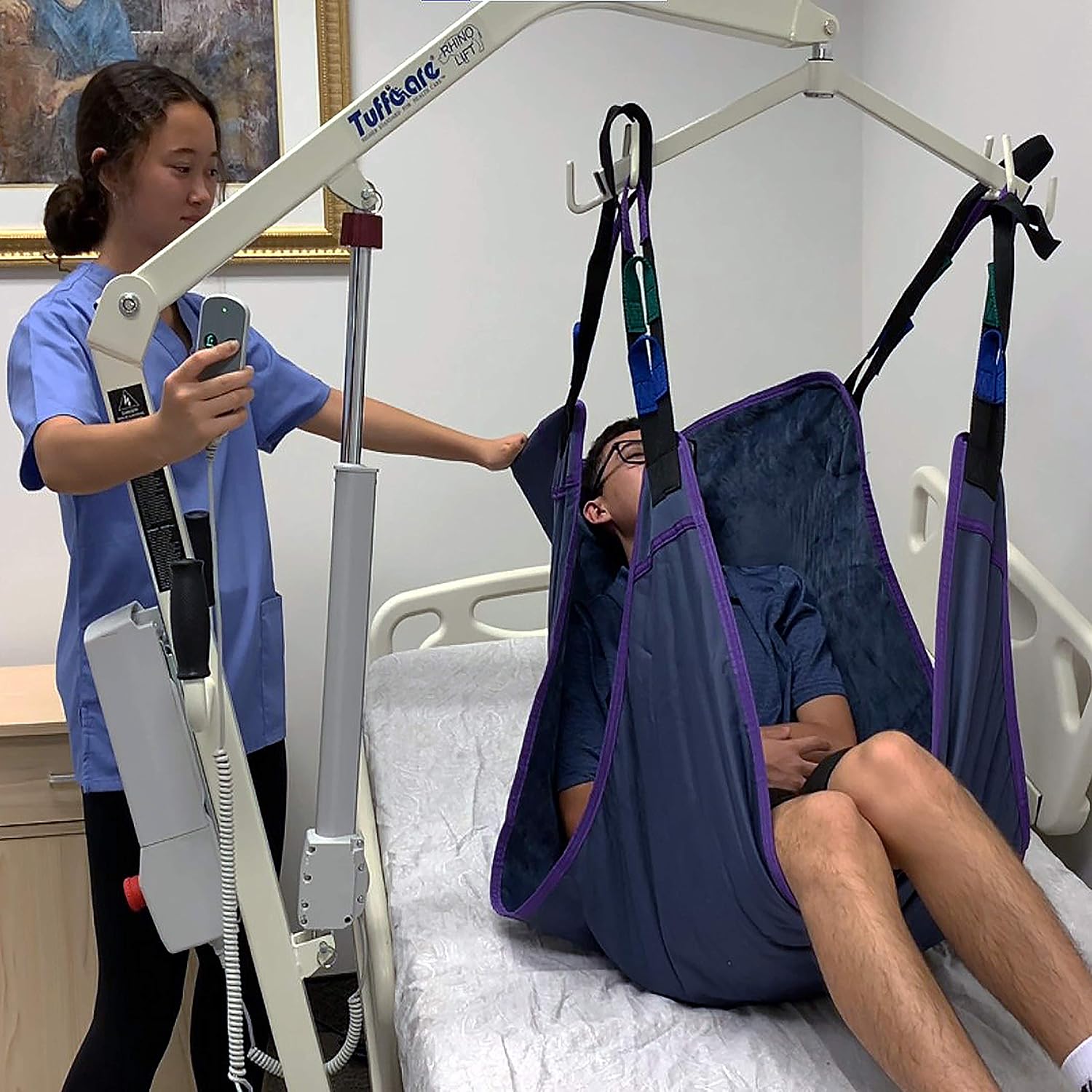 Electric Patient Lift - Rhino Lift with Manual Low Base - with Universal Divided Leg Sling(Large), 450 lb. Weight Capacity.