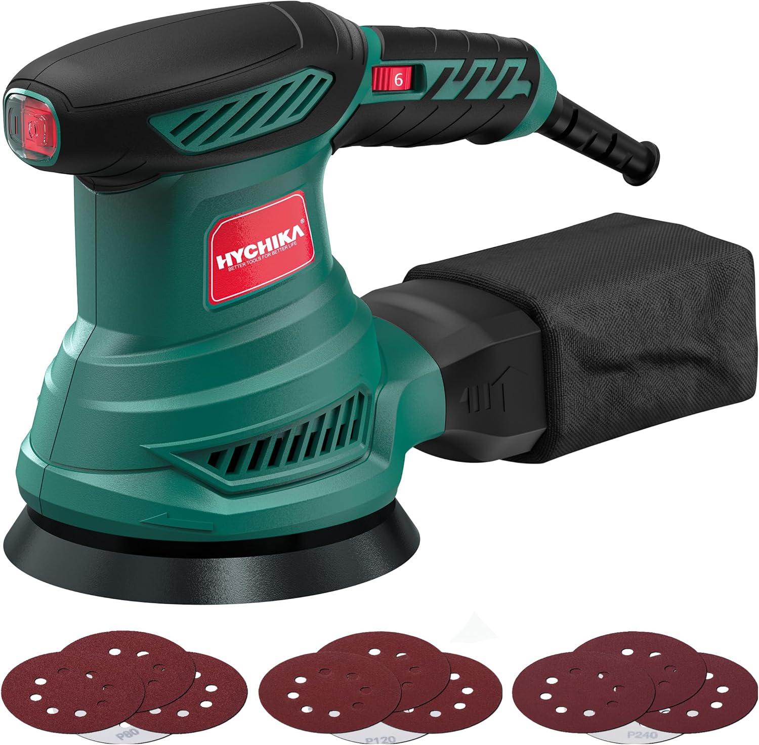 HYCHIKA 5-Inch Random Orbital Sander, 13000RPM Electric Palm Sander with 6 Variable Speeds, Powerful Motor