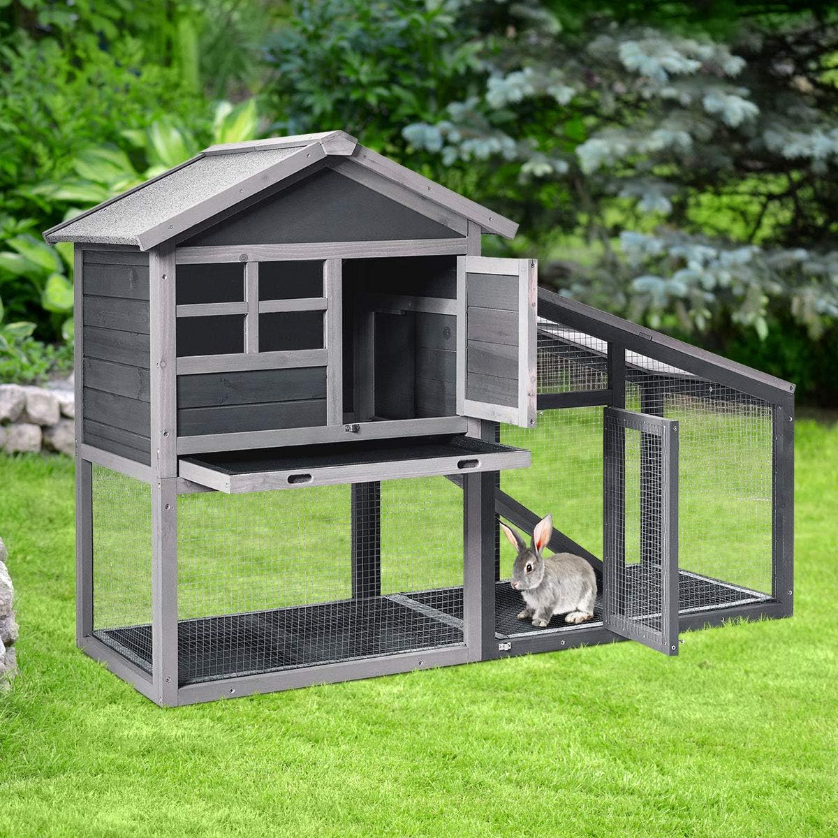Tangkula Rabbit Hutch Indoor Outdoor, Wooden Chicken Coop, Bunny Hutch with Run, Ventilation Door, Removable Tray, Ramp, Sunlight Panel