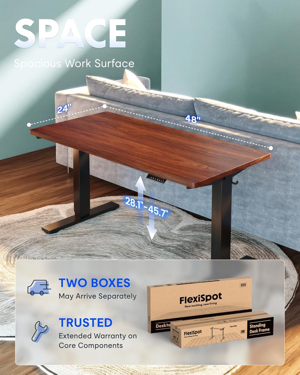 FLEXISPOT EN1 One-Piece Standing Desk, Electric Adjustable with 4 Memory Presets, 176 LBS Capacity, Stable & Quiet