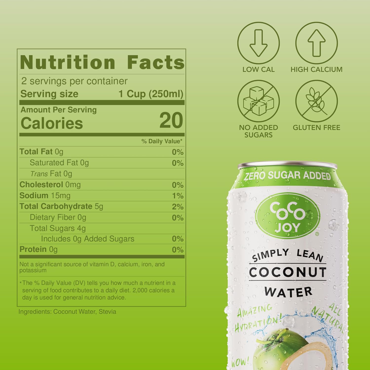 CoCo Joy Natural Coconut Water, Low-Calorie, High-Calcium, Nutrient-Rich Drink 12 pack