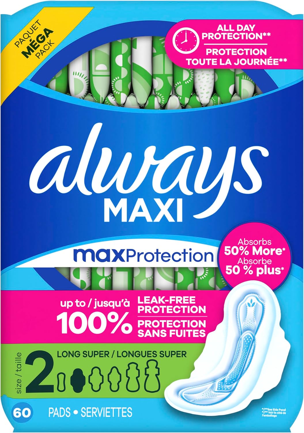 Always Maxi Feminine Pads with Wings for Women, Size 2, Long Super Absorbency, Unscented 60 Count