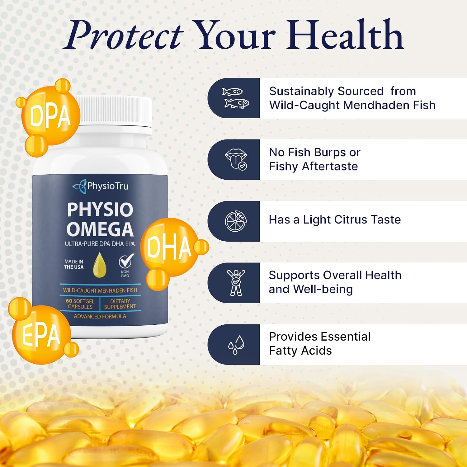 Physio Omega 2400mg Fish Oil with Omega 3 Fatty Acid Supplement - Vascular & Cognitive Supplements for Adults - Non-GMO, Burpless, Light Citrus Flavor, Sustainably Sourced - 1 Pack, 60 Softgels