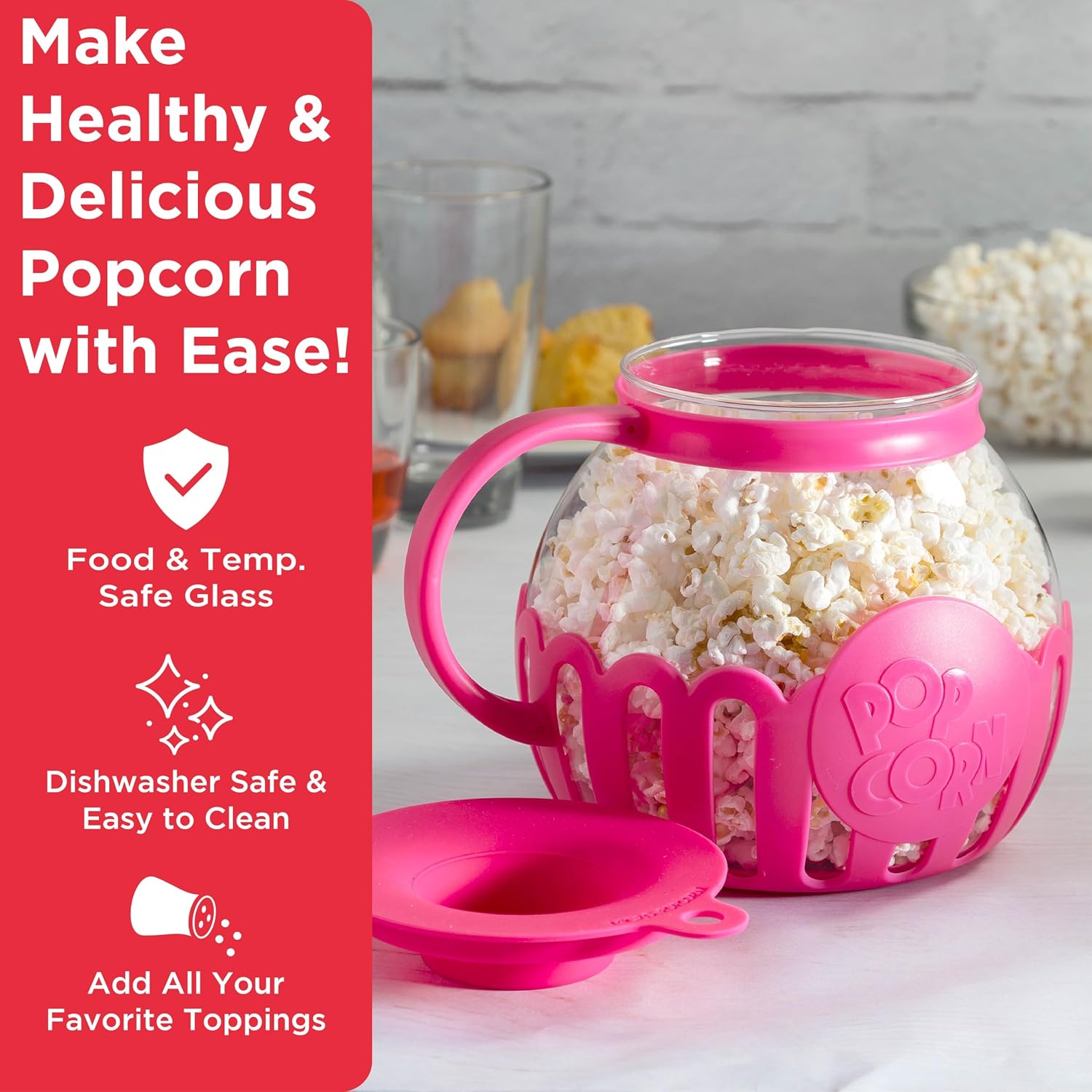 Ecolution Patented Micro-Pop Microwave Popcorn Popper with Temperature Safe Glass, 3-in-1 Lid Measures Kernels and Melts Butter, Made Without BPA, Dishwasher Safe, 3-Quart, Red