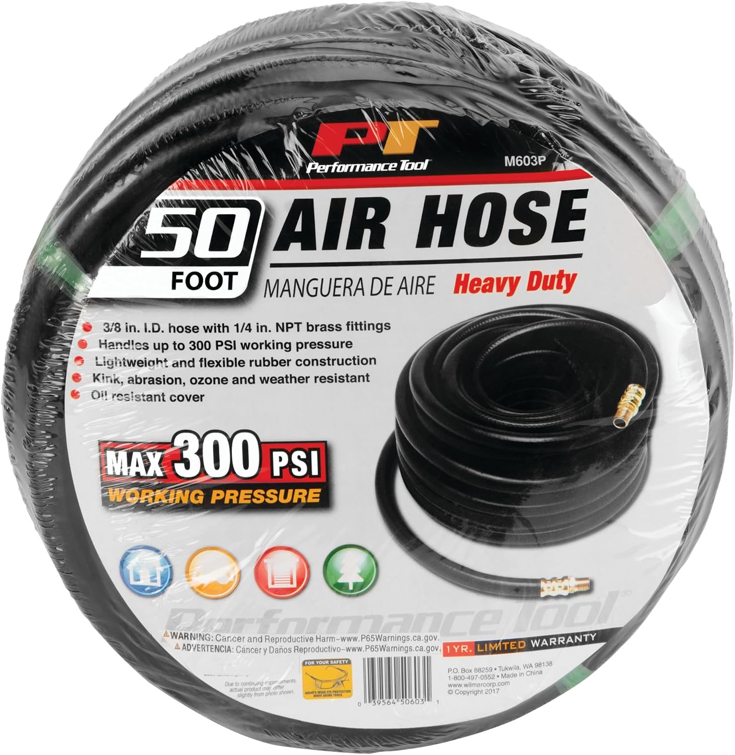 Performance Tool M603P 3/8 in. x 50 ft. Rubber Air Compressor Hose | 1/4-inch NPT fittings. Handles up to 300 PSI. Flexible, lightweight shop air hose is kink and weather resistant
