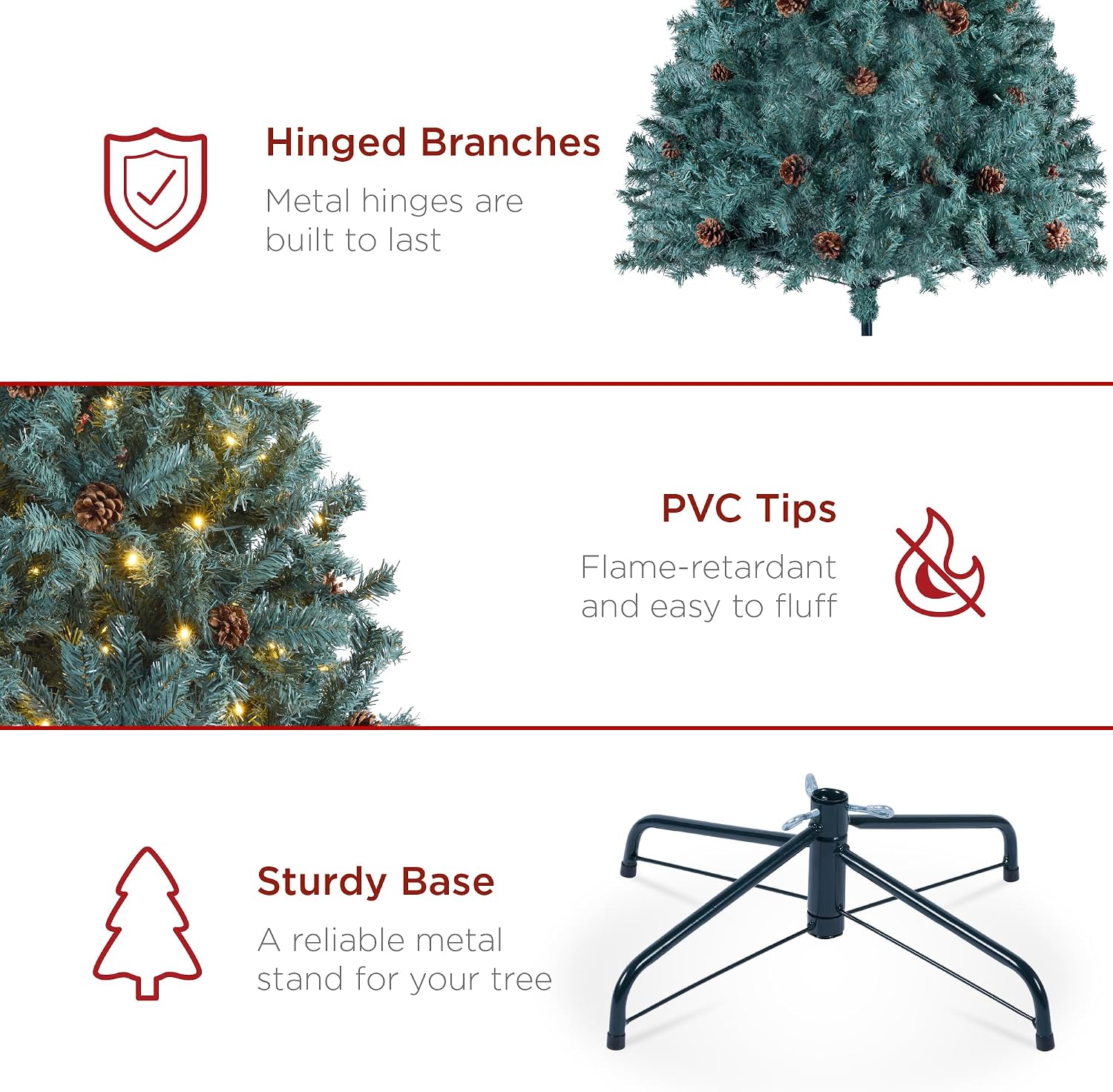 Best Choice Products 7.5ft Pre-Lit Pre-Decorated Pine Artificial Christmas Tree w/Twinkling LEDs, 1, 346 Flocked Frosted Tips, 80 Pinecones