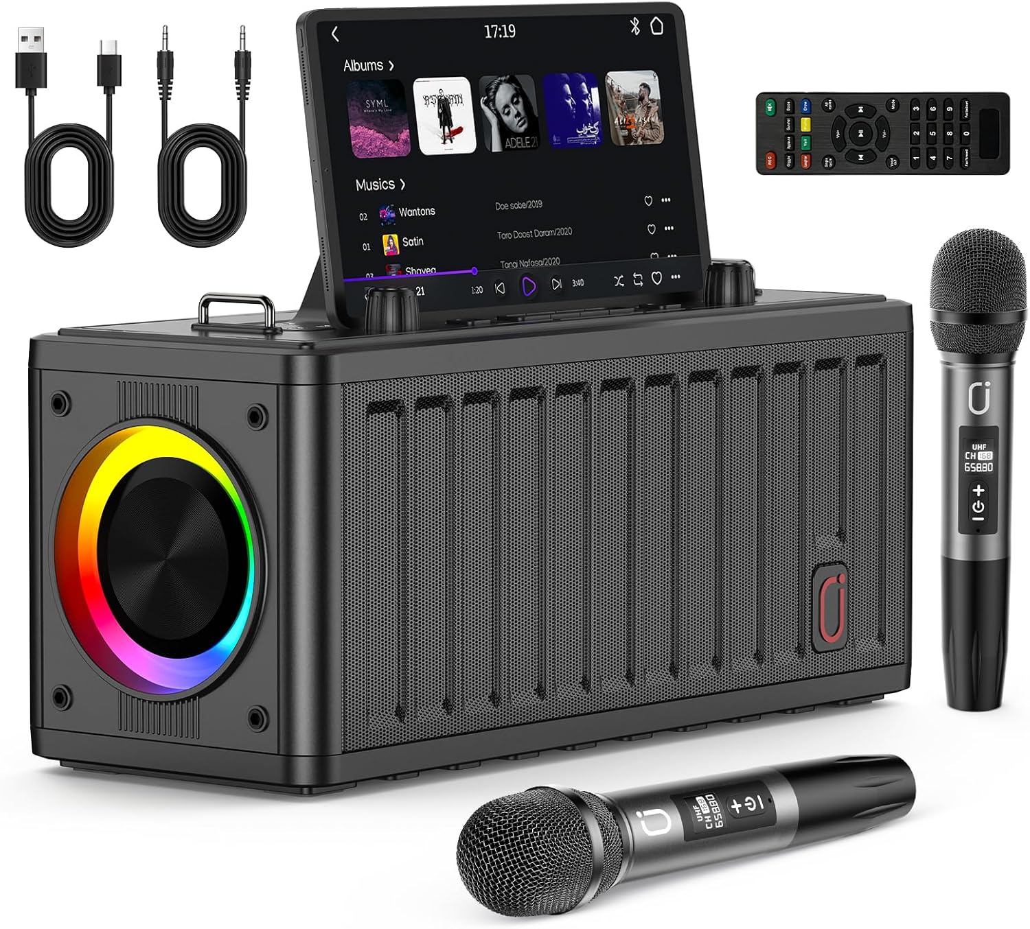 JYX Karaoke Machine for Adults with 2 Wireless Microphones，Portable Bluetooth Speaker, PA System with LED Lights for Home Party, Birthday Gifts