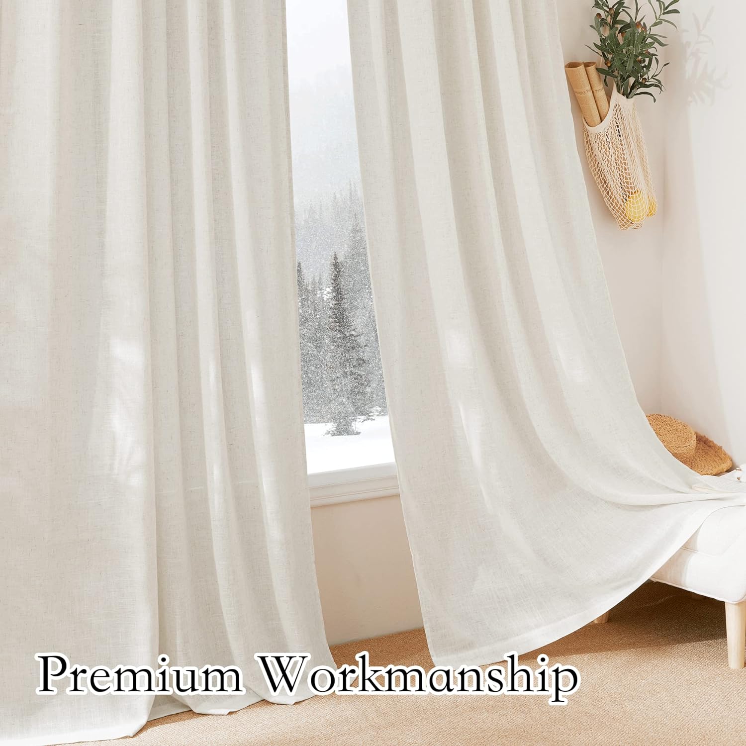 RYB HOME Linen Sheer Curtains - Linen Textured Semi Sheer Curtains for Kids Nursery Bedroom Living Room Window