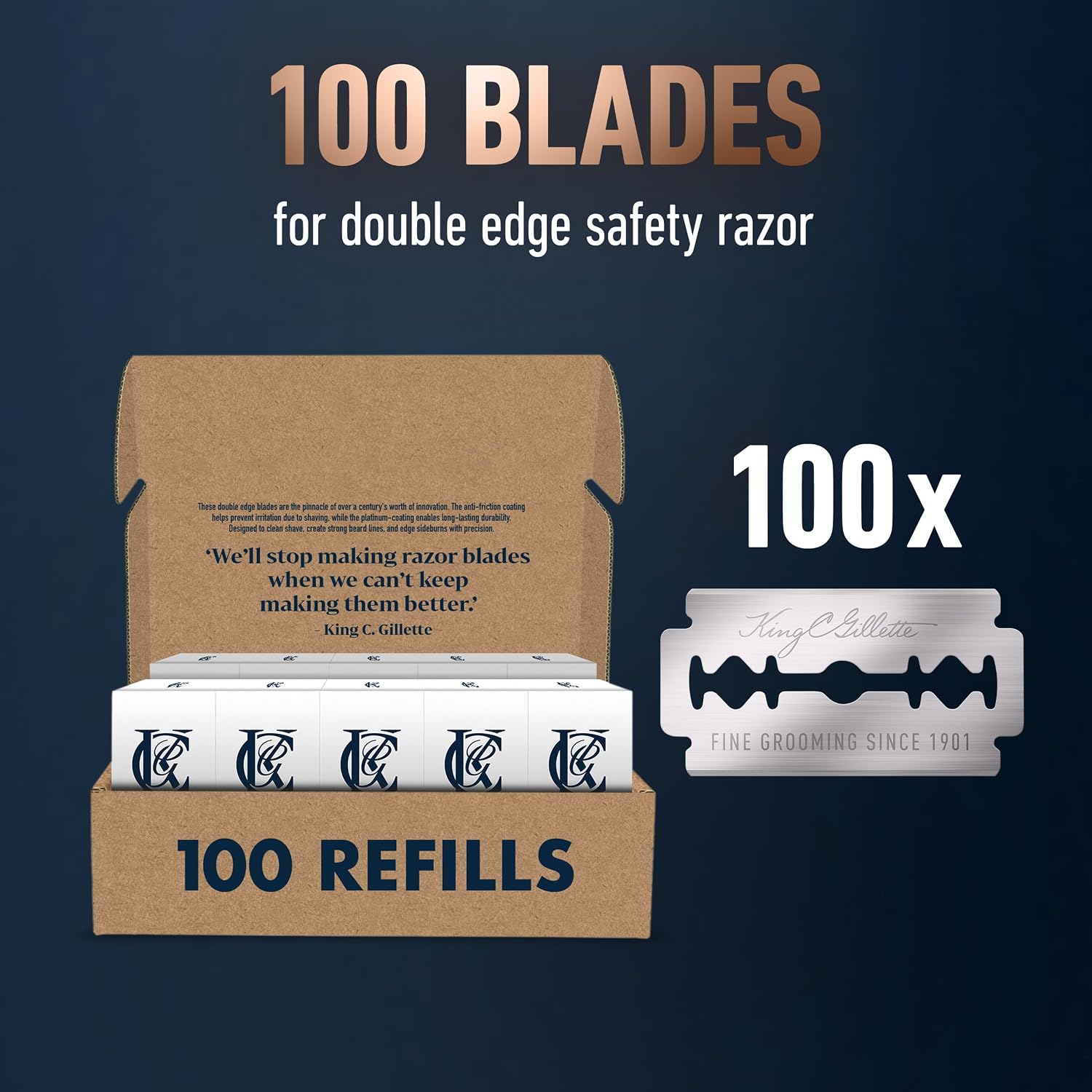 King C. Gillette Double Edge Safety Razor Blades 10 count, Stainless Steel Platinum Coated Blades