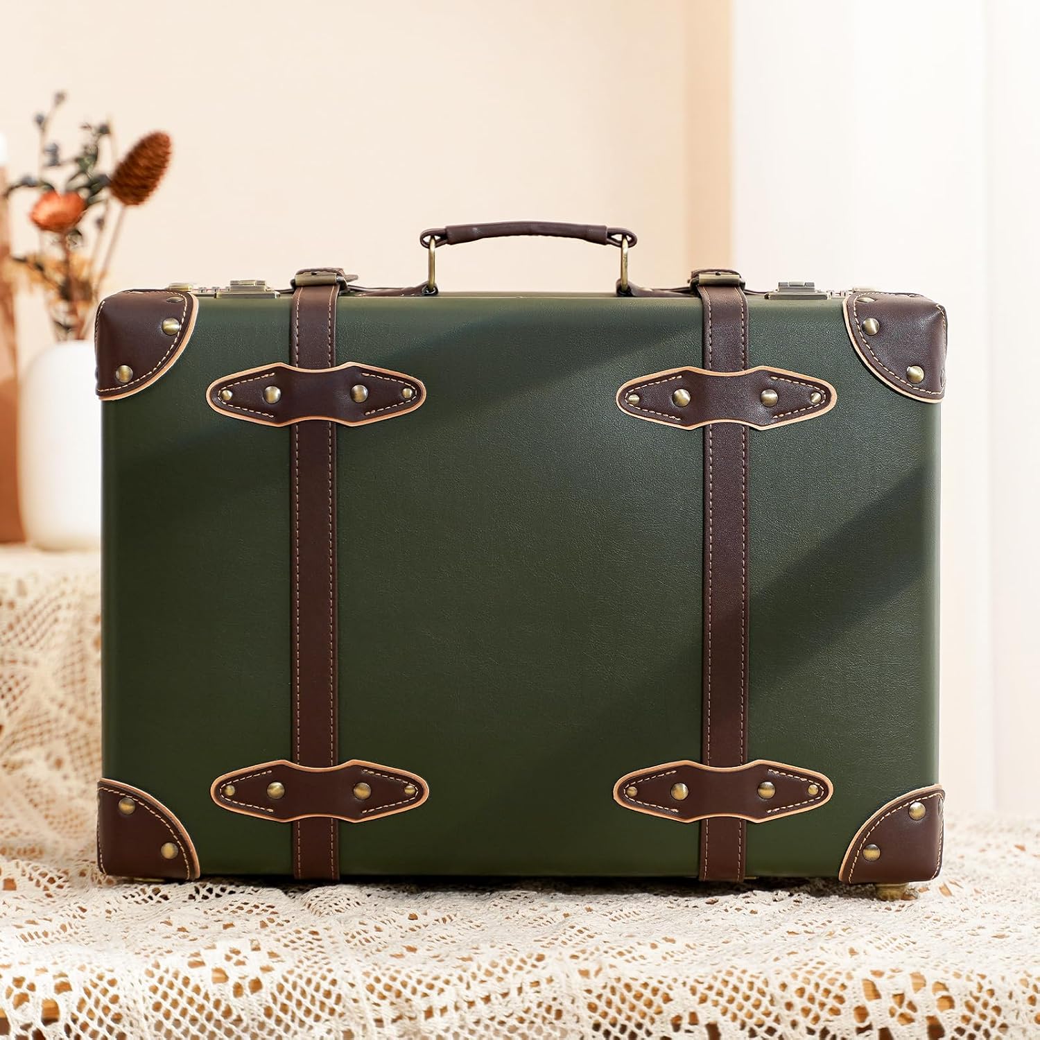 urecity Vintage and Cute Carry-on Overnight Case Non-wheeled Mini Leather Trunk Suitcase with Shoulder Strap