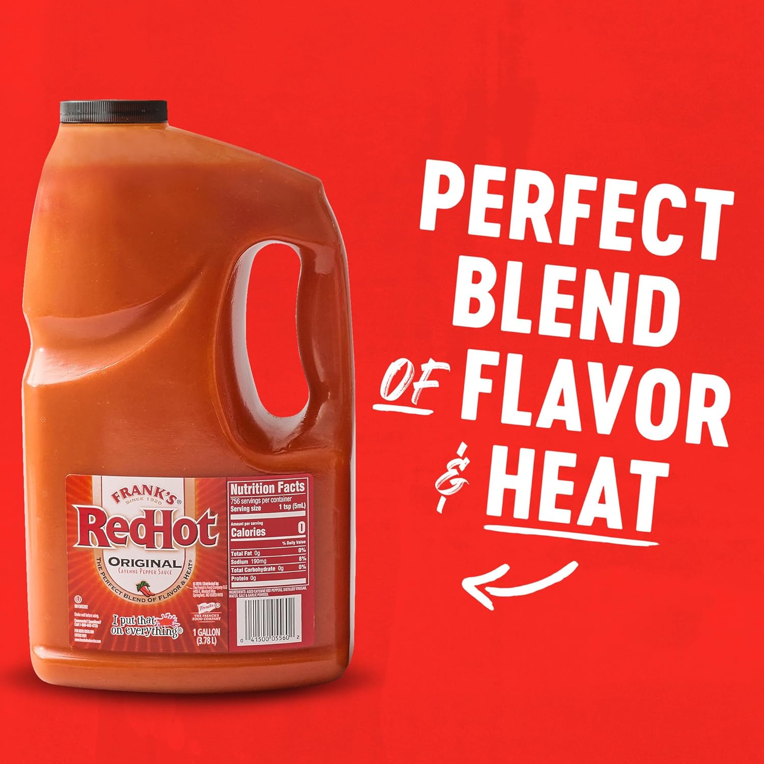Franks RedHot Original Cayenne Pepper Hot Sauce, 1 gal - One Gallon Bulk Container of Cayenne Pepper Hot Sauce to Add Flavorful Heat to Entrees, Sides