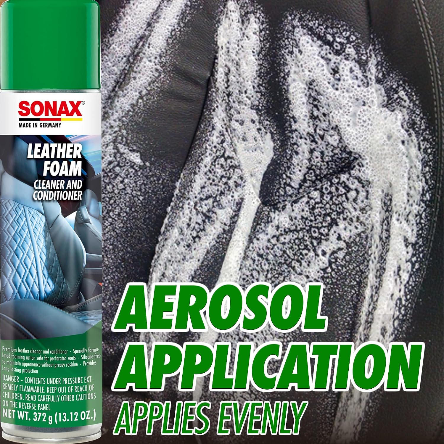SONAX Leather Foam 289300 | 2 in 1 Aerosol Leather Cleaner and Conditioner | Safe to Use on Perforated Air Conditioned/Heated Seats | UV Protection