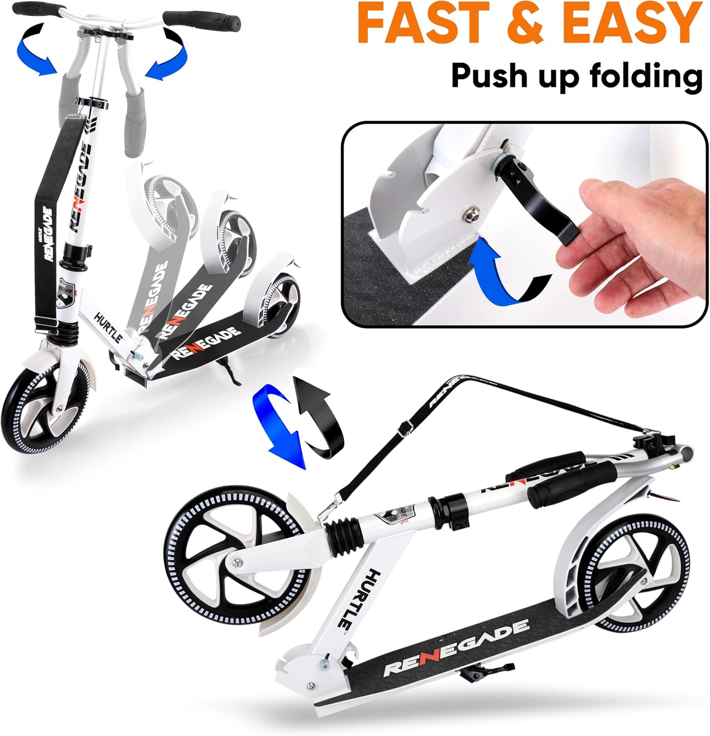 Hurtle Renegade Kick Scooter for Kids, Teenagers & Adults - 2-Wheel Folding Scooter with Adjustable T-Bar Handlebar - Alloy Anti-Slip Deck
