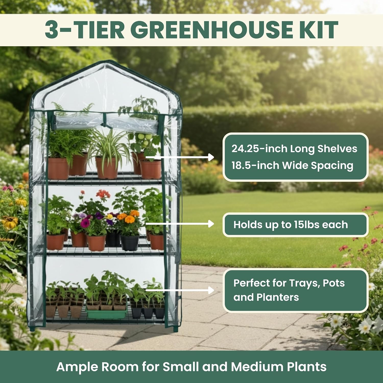 3 Tier Mini Greenhouse - Portable Greenhouse with Rust-Resistant Frame and PVC Cover for Indoor/Outdoor - 27.5x19x50-Inch Green House by Pure Garden