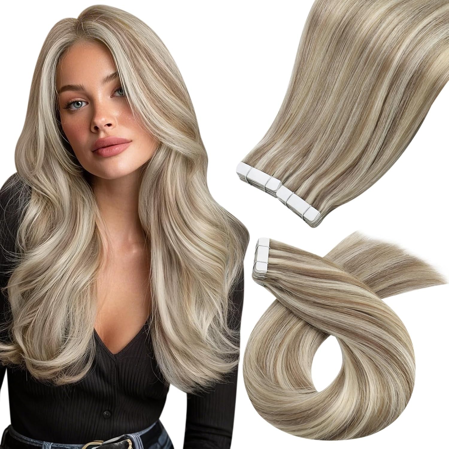 Moresoo Black Tape in Hair Extensions Human Hair, 18 Inch, 20Pcs, 50g