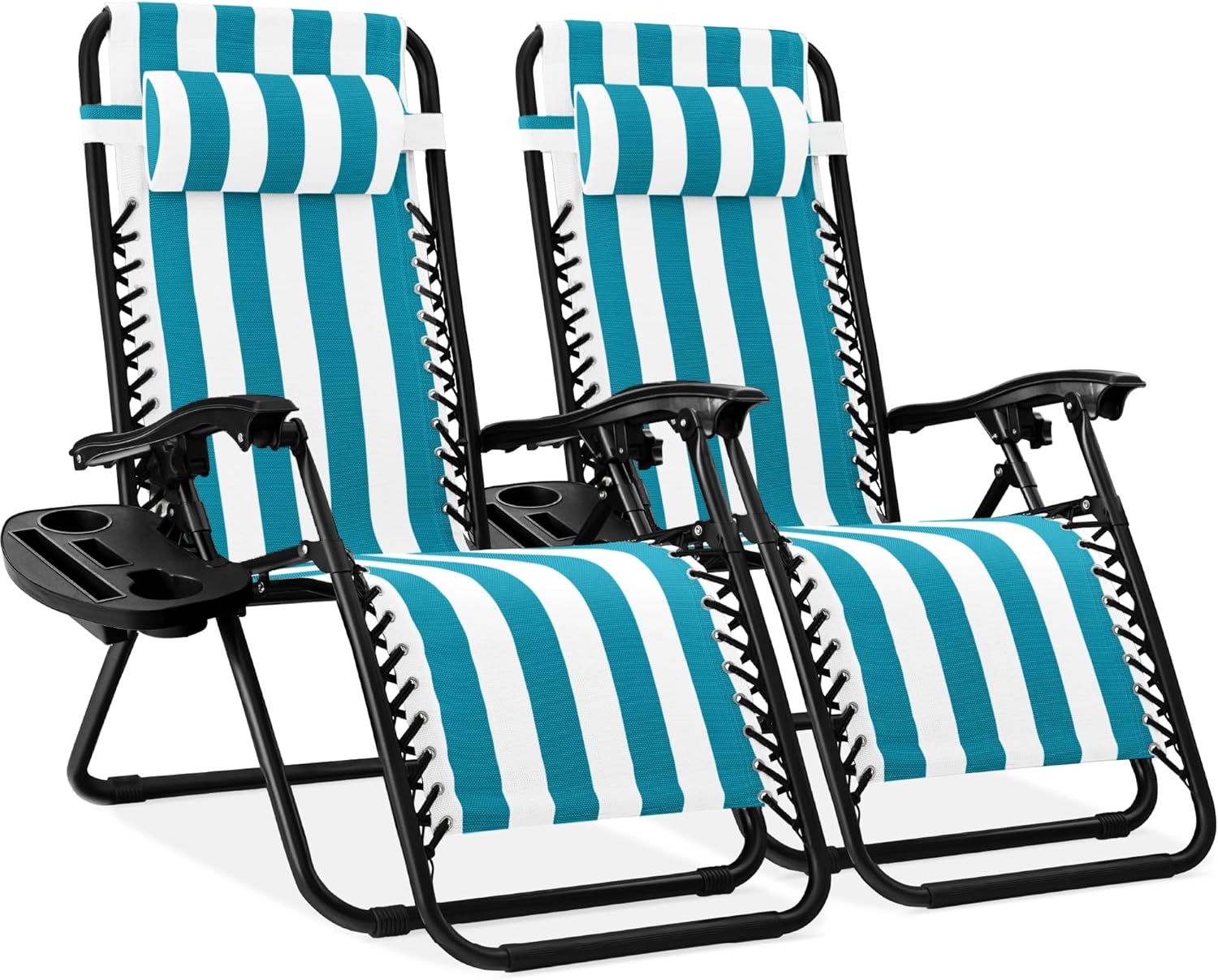 Best Choice Products Set of 2 Adjustable Steel Mesh Zero Gravity Lounge Chair Recliners w/Pillows and Cup Holder Trays - Light Blue
