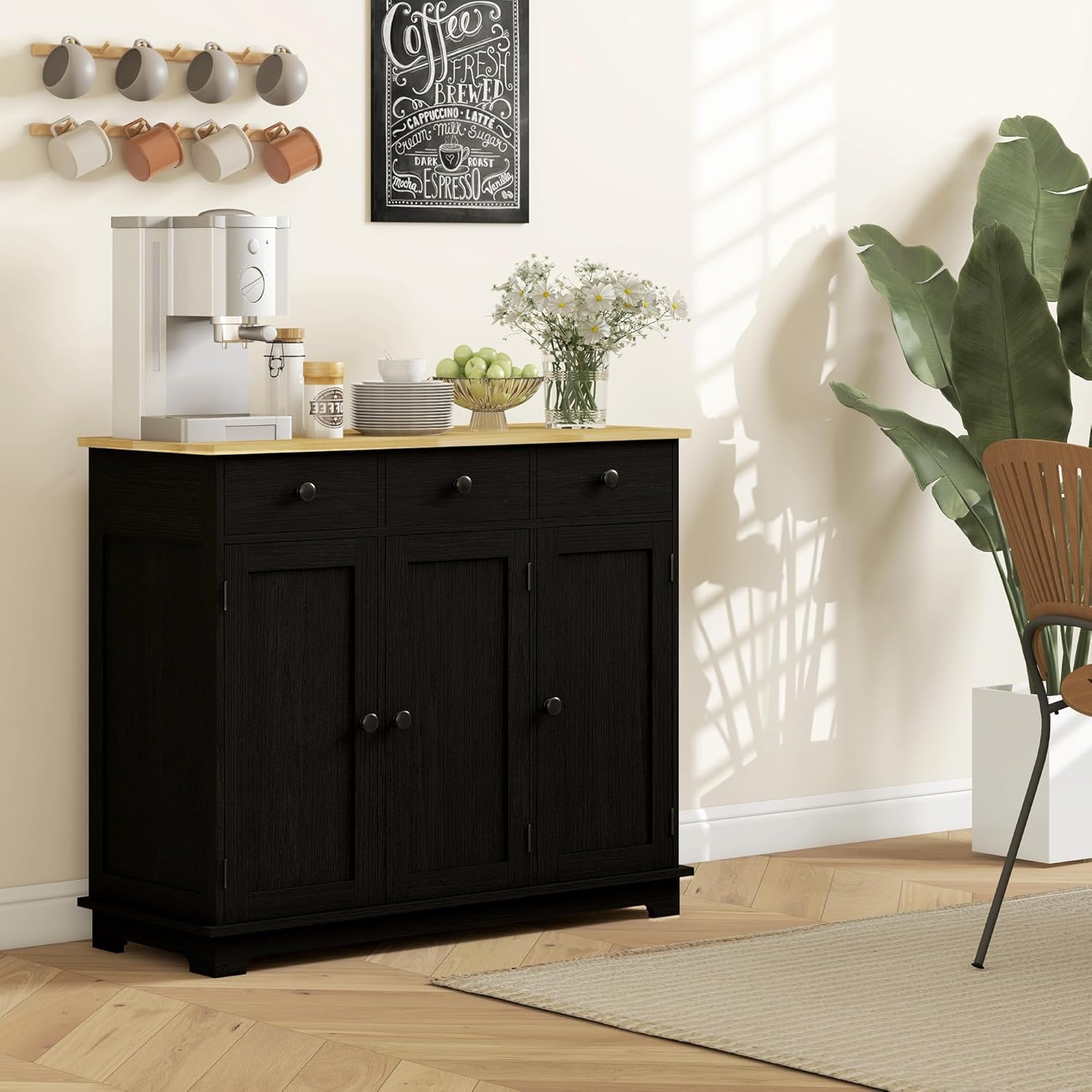 HOMCOM Sideboard Buffet Cabinet Solid Wood Countertop White