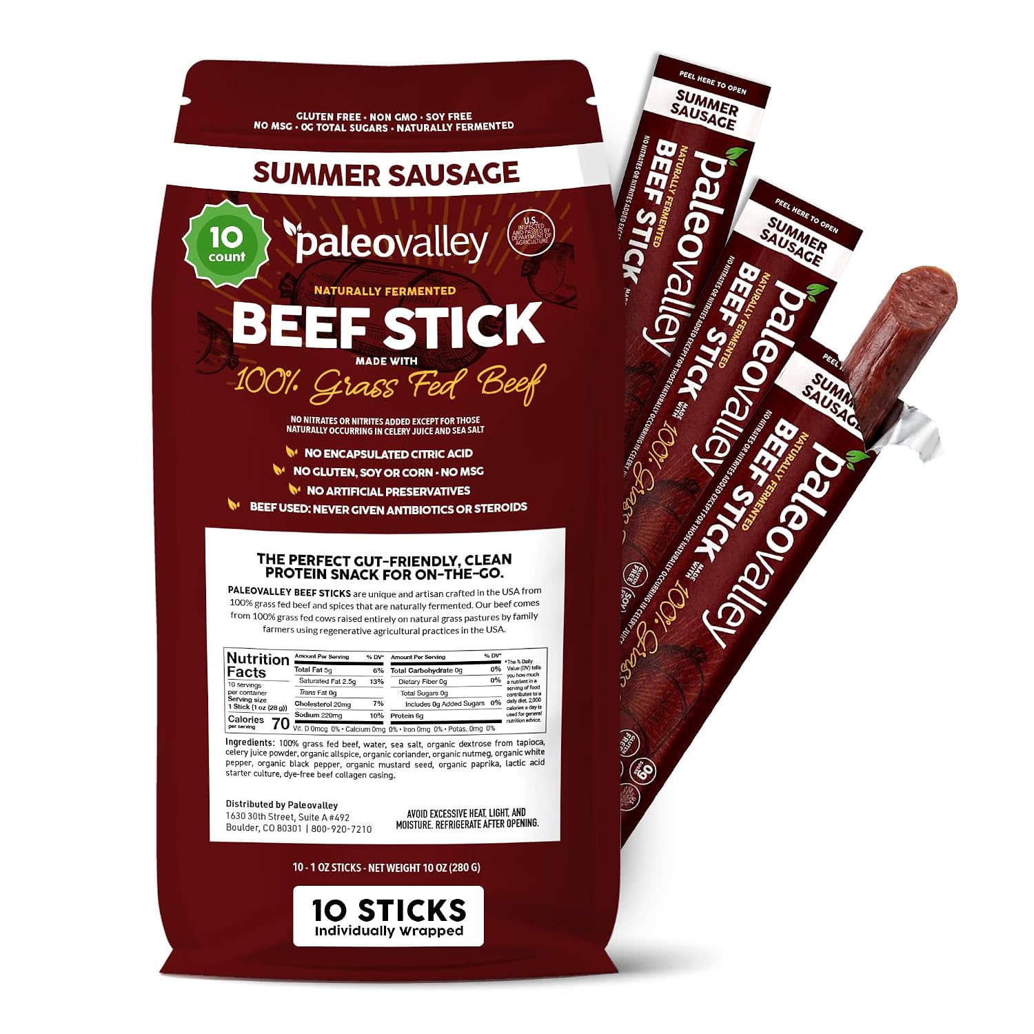 Paleovalley 100% Grass Fed Beef Sticks, Protein Snacks, Original | 10 Count, Individually Wrapped, Naturally Fermented, Gluten Free, Keto and Paleo, Made With Simple Ingredients, 6g Protein
