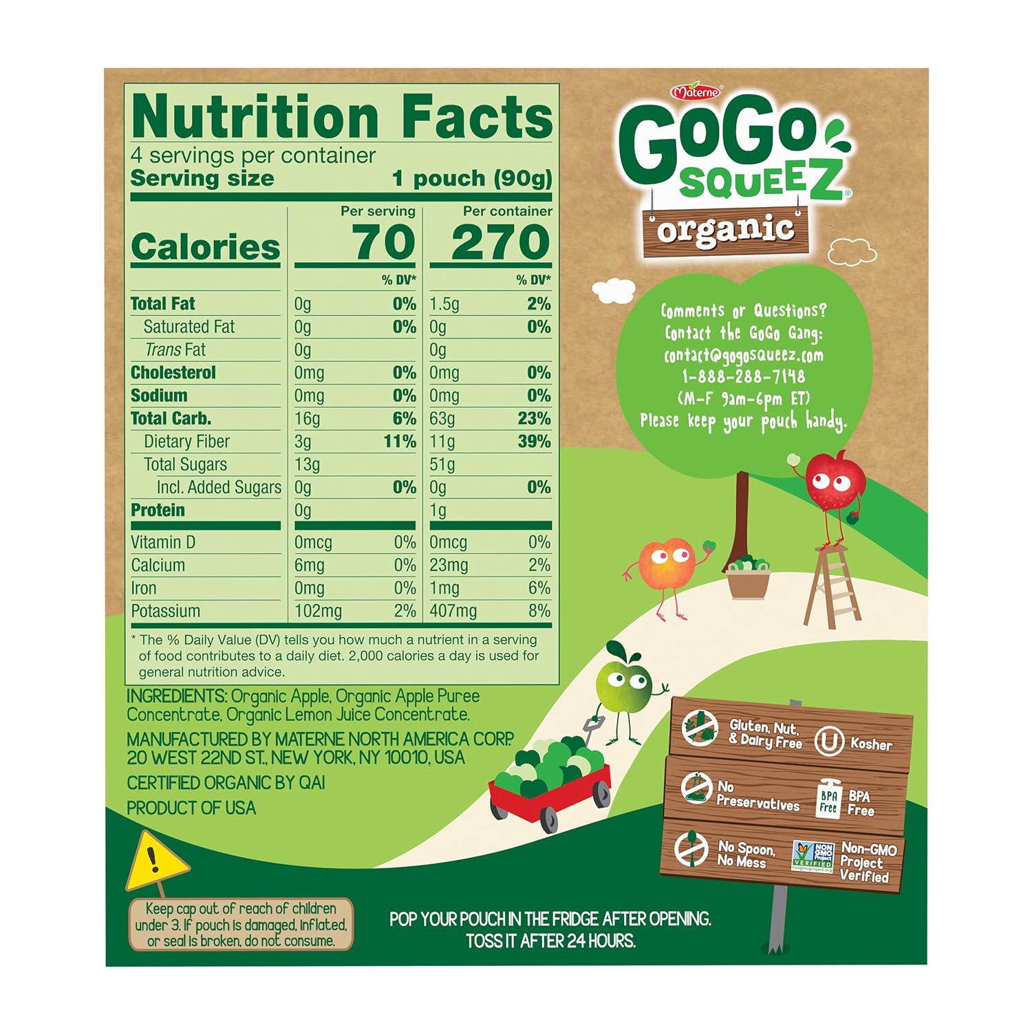 GoGo squeeZ No Sugar Added Organic Applesauce, Apple Apple, 48 Count | Kids on the go fruit snack made with applesauce & fruit puree; 3.2 oz pouches, gluten and nut free, recloseable cap, BPA-free