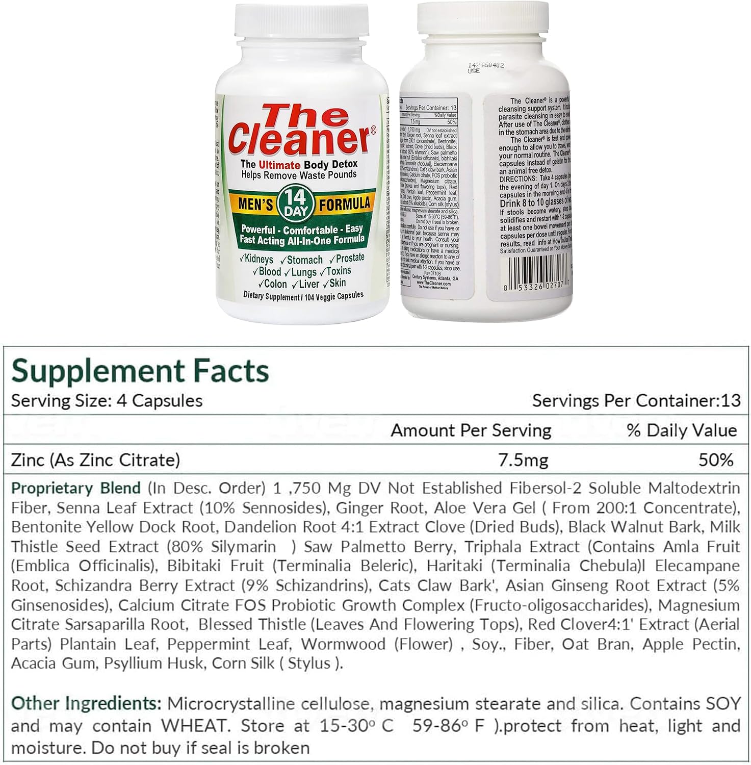 Century Systems The Cleaner Detox, Powerful 7-Day Complete Internal Cleansing Formula for Men, Support Digestive Health, 52 Vegetarian Capsules