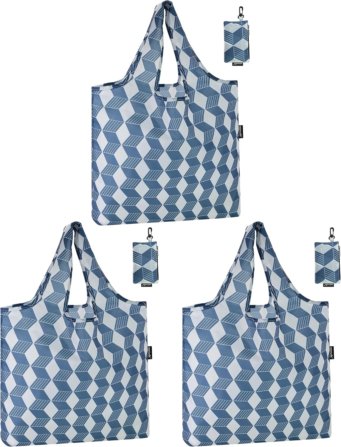 HOLYLUCK Reusable Grocery Bags,Heavy Duty Foldable Shopping Tote Bag (Standard, 3 Blue Geometric Flowers)