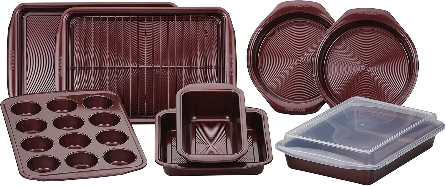 Circulon Nonstick Bakeware Set with Nonstick Cookie Sheet, Bread Pan, Bakings Pan and Cake Pans - 5 Piece, Chocolate Brown