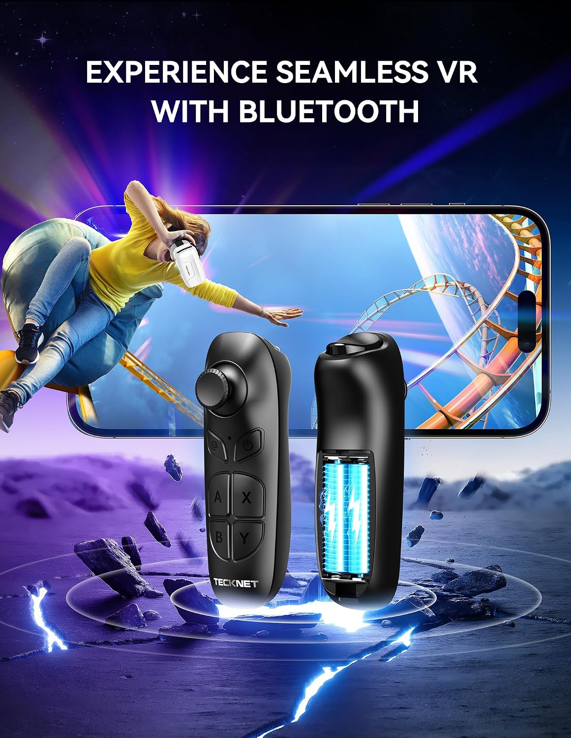 TECKNET VR Headset for Phone with Bluetooth Controller, 4.7-7.2" VR Headsets with HD 110°FOV Anti-Blue Light Lenses & Adjustable Gears, 3D VR Headset for Kids Compatible iPhone Samsung Android