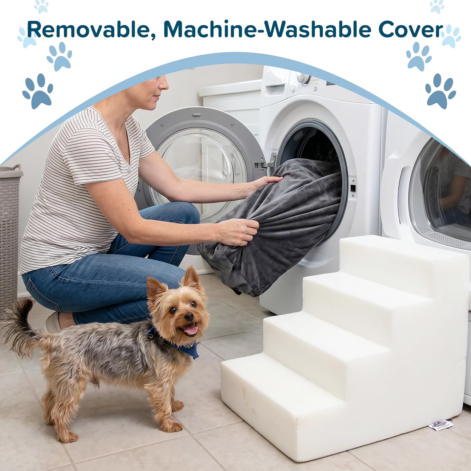 3-Step Pet Stairs - Nonslip Foam Dog and Cat Steps with Removable Zippered Microfiber Cover - 2-Tone Design for Home or Vehicle Use by PETMAKER (Tan) | 3-Step Pet Steps for High Bed and Couch - Pet Stairs with Nonslip Bottom, High-Density Foam, and Remov…