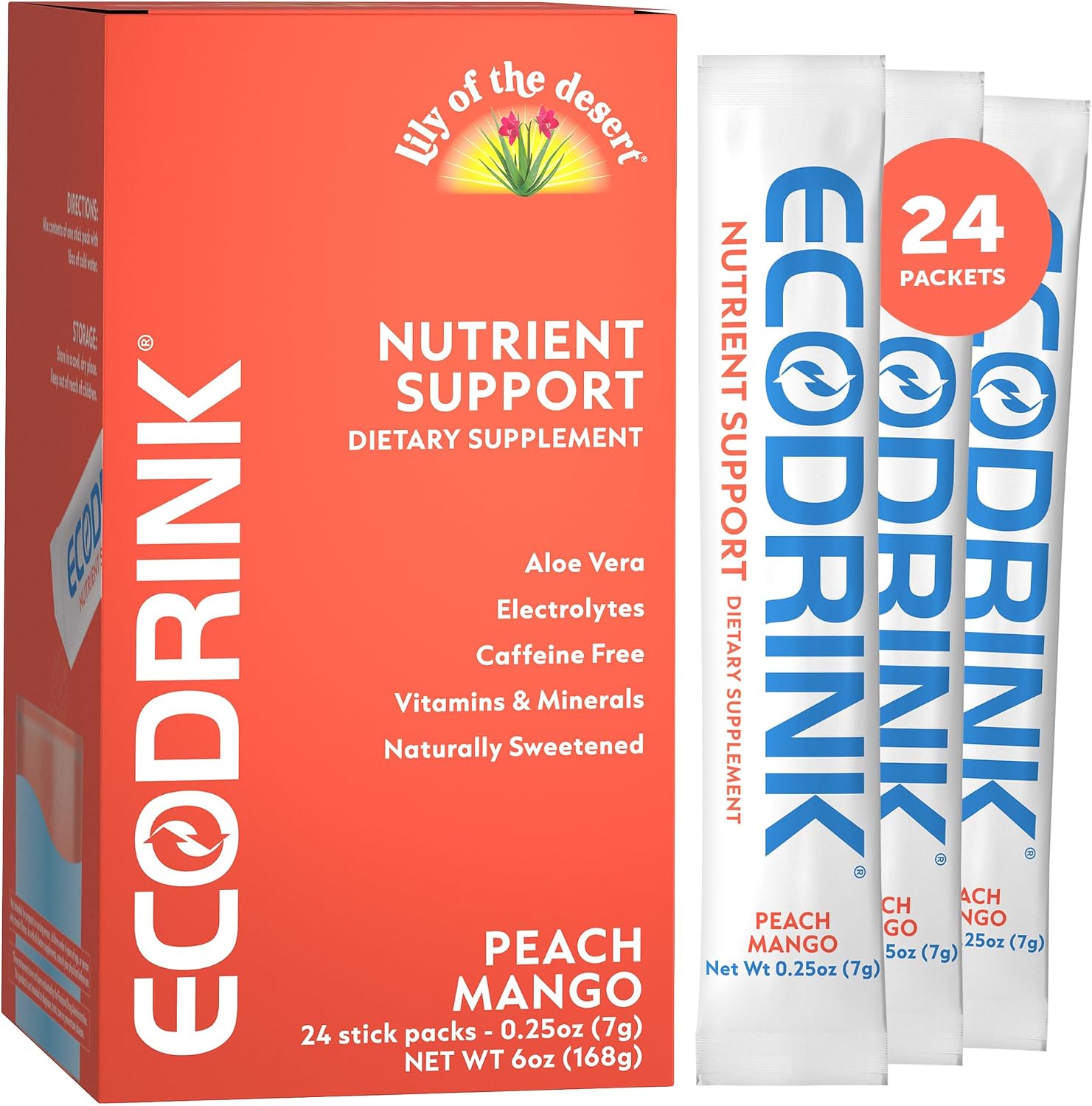 Lily of the Desert EcoDrink Nutrient Support Hydration Packets, Strawberry Lemonade – Naturally Sweetened Multivitamin Electrolyte Mix with Aloe, 24 Stick Packs/Box, 0.25 Oz Ea