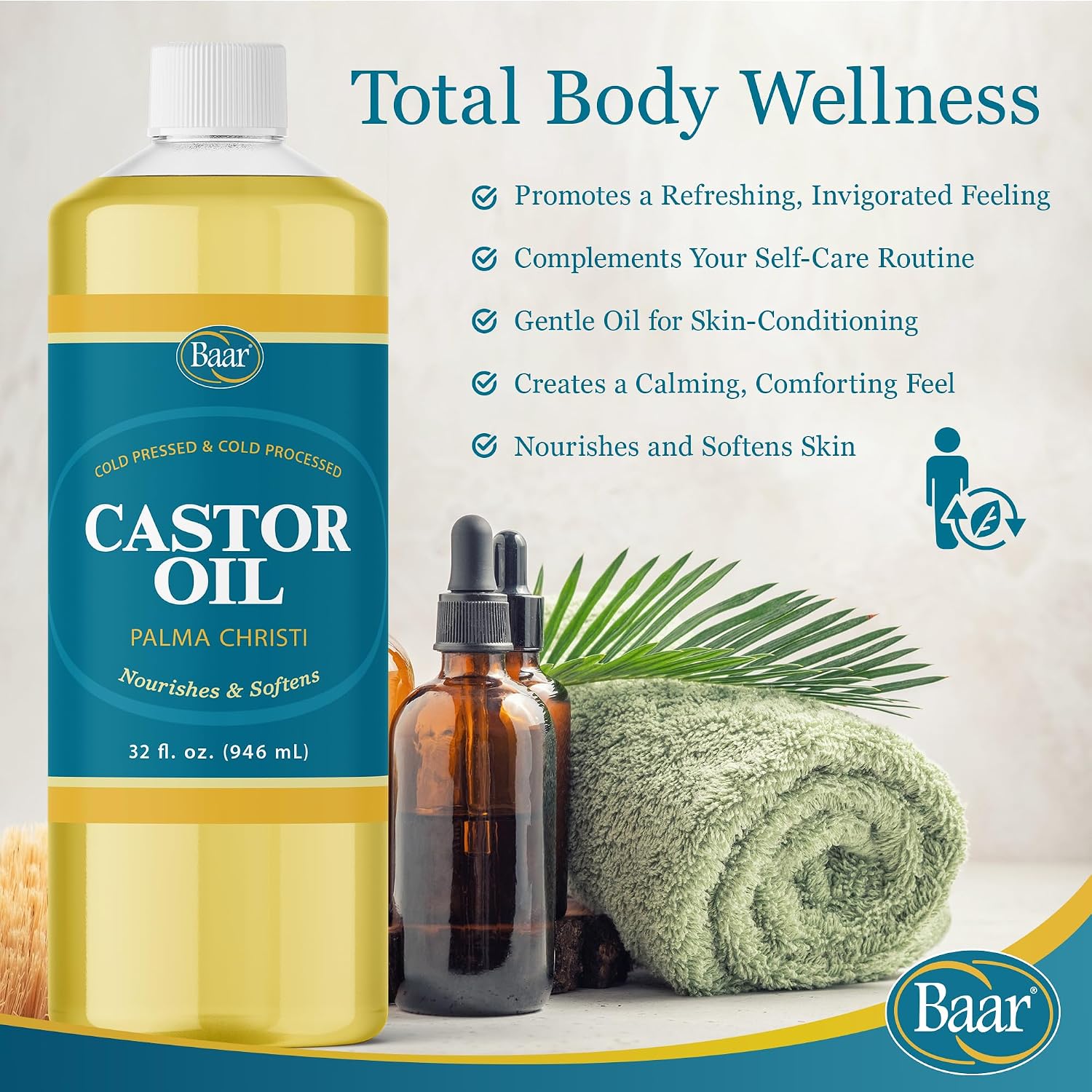 Baar Cold-Pressed Castor Oil, Cold-Processed, Hexane-Free, Palma Christi, for Skin, Hair, Massage & Castor Oil Packs, BPA-Free Bottle, 32 oz | Hexane free, Palma Christi oil, BPA-free bottle, skin, hair and massage applications