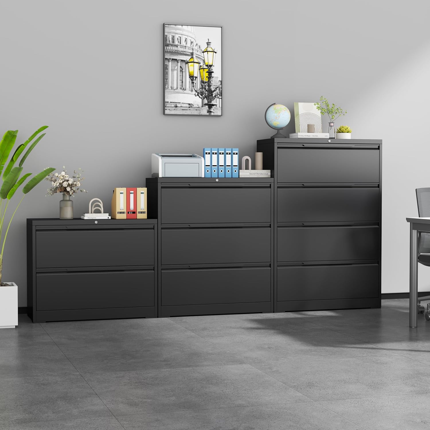 3 Drawer File Cabinet with Lock,Filing Cabinets for Home Office,Metal Small File Cabinet for Letters/Legal/A4 Size, Assembly Required,Black 3 Drawer-15 W