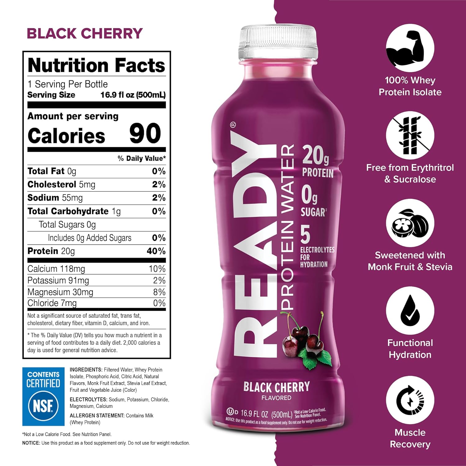 Ready Clear Protein Water, Blueberry, 20g Whey Protein Isolate, 12 Pack