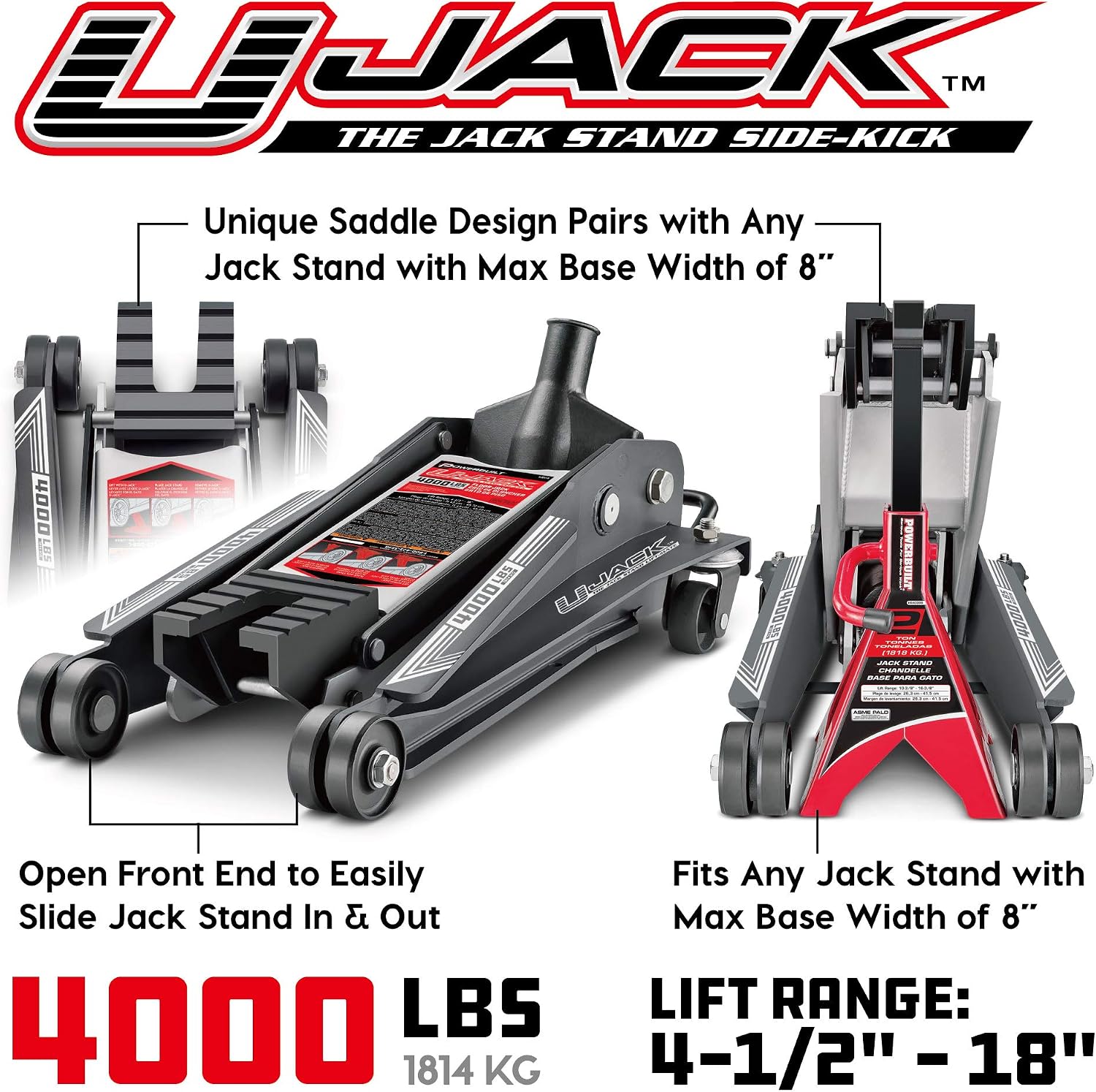 Powerbuilt 6 Piece Car Jack and Garage Creeper Service Set, 2 Ton Vehicle Lift, Jackstands, Folding Creeper, Wheel Chocks, Car Repair Garage Equipment - 640816, Large, Red
