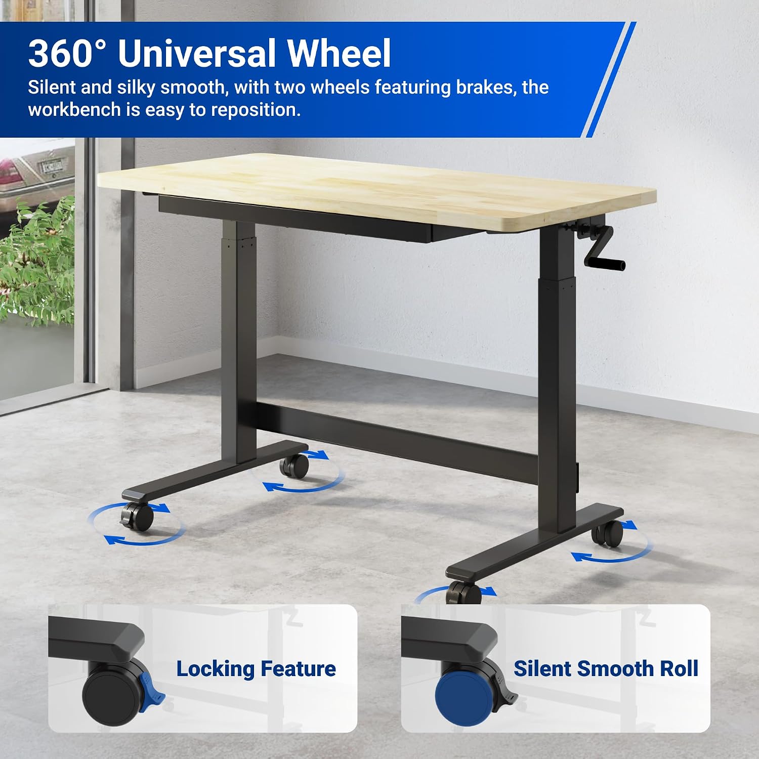 FLEXIMOUNTS 47.2" x 23.6" Adjustable Height Workbench, Hand Crank | Rubberwood Top, Heavy-Duty Steel Frame, Drawers And 360° Wheels