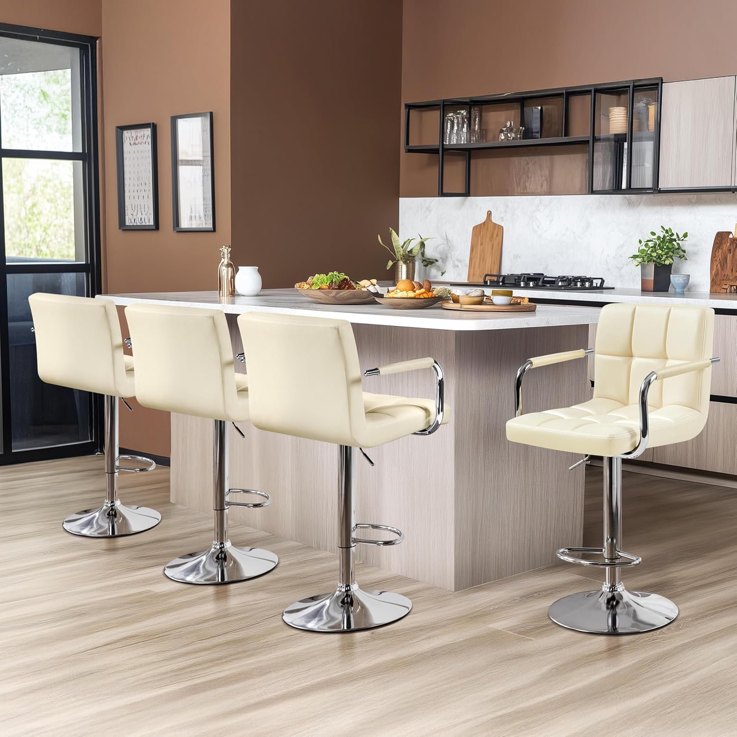 Yaheetech Bar Stools Set of 2, Swivel with Backs, Adjustable Height, White | 360° Swivel Barstools Feature Padded PU Leather Seats, Supportive Backs, 300 lb Capacity for Kitchen Islands